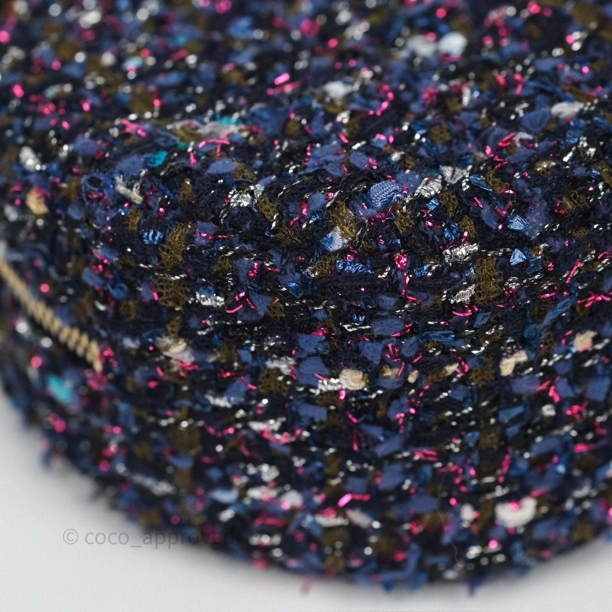 Chanel Navy Purple Tweed Round Clutch Bag with Chain & Aged Gold Hardware - Elegant Evening Clutch for Parties, Weddings & Special Events