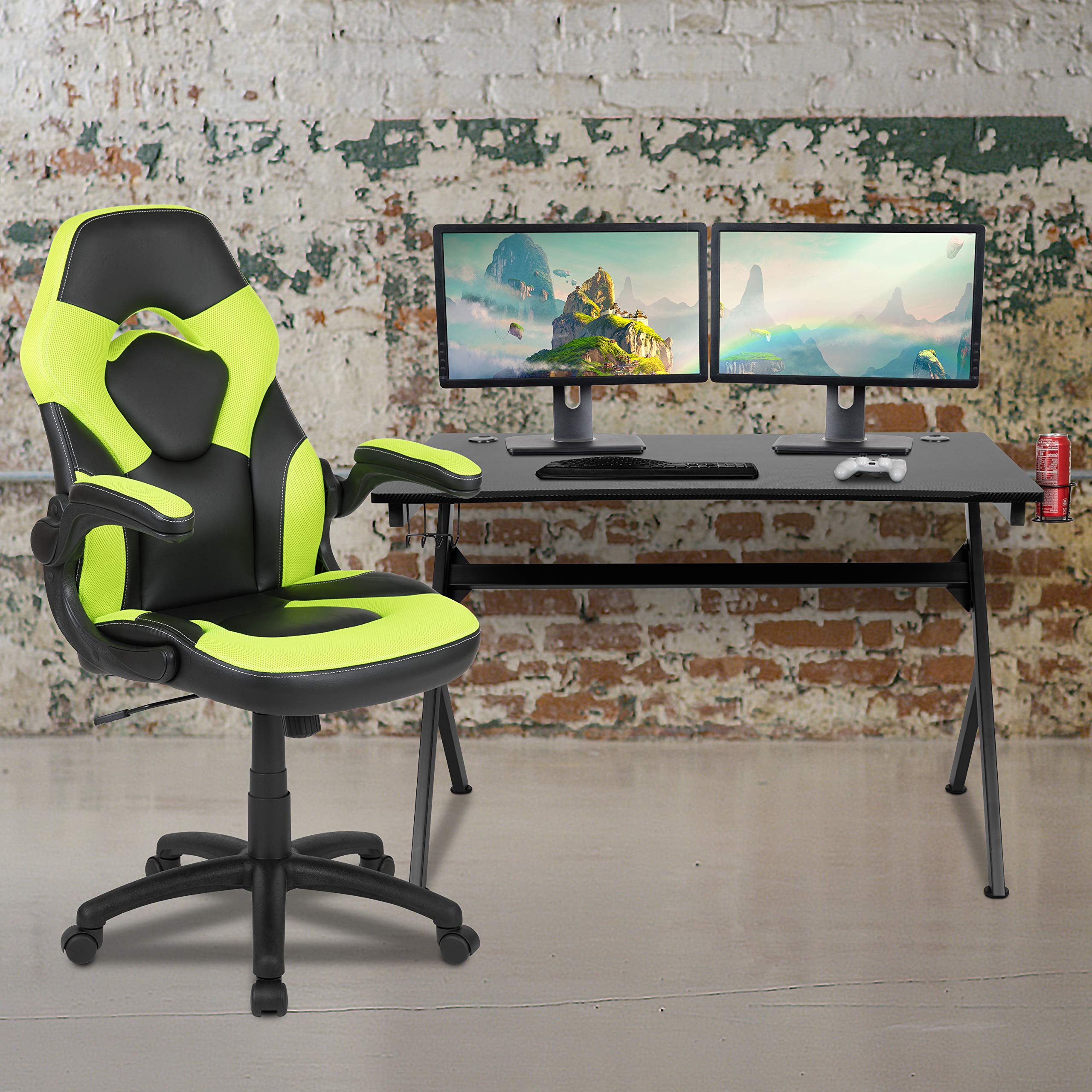 Premium Black Gaming Desk & Green/Black Racing Chair Set with Cup Holder, Headrest & Cable Management - Ergonomic PC Gaming Setup for Streamers & Esports Players - Perfect for Home Office, Gaming Room & Dormitory