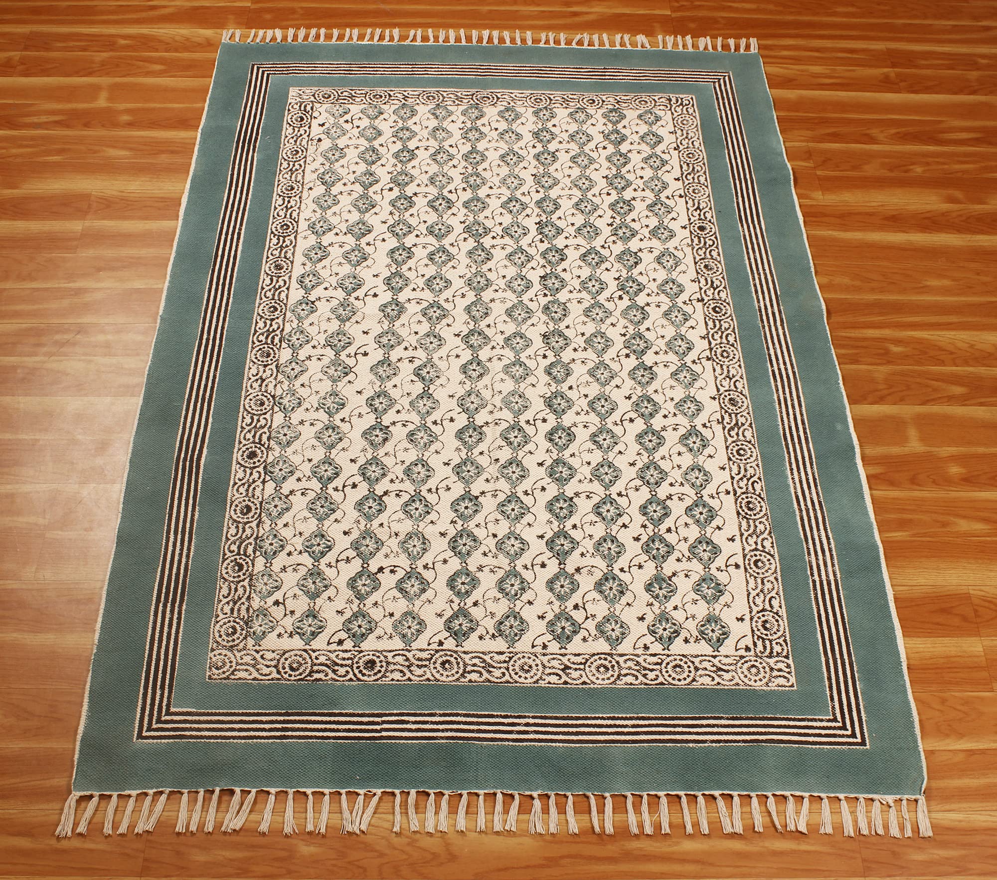 5x8 Ft Turquoise Blue Cotton Dhurrie Floral Kilim Rug - Handmade Flatweave Rectangular Area Rug for Indoor & Outdoor Use - Perfect for High Traffic Areas in Bedroom, Dining Room & Living Room - Boho Chic Home Decor