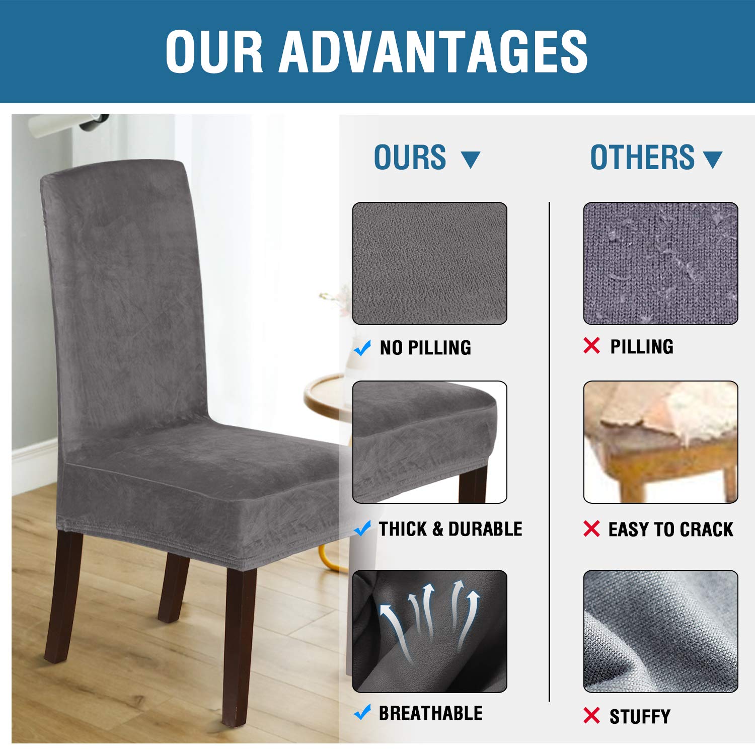 Stretch Velvet Dining Chair Covers Set of 6 - Washable Slipcovers for Home & Restaurant Use