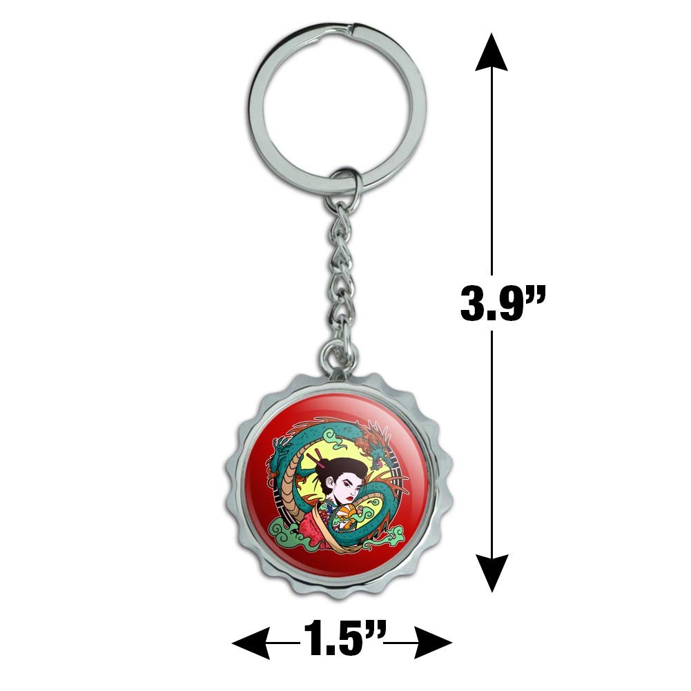 Geisha with The Dragon Tattoo Keychain - Chrome Plated Metal Bottle Opener & Pop Cap - Unique Japanese Style Gift for Beer Lovers, Bar Accessories, Anime Fans & Collectors
