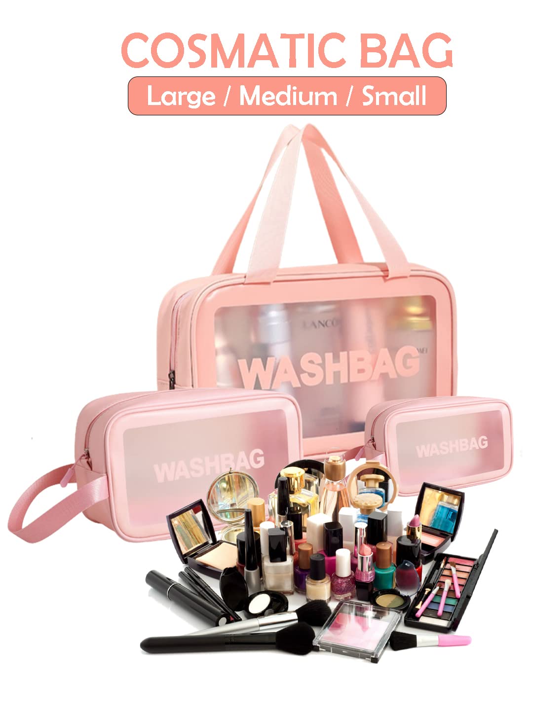 Amso Waterproof PVC Cosmetic Bag Set of 3 - Travel Makeup Organizer for Brushes, Toiletries & Accessories - Pink Zippered Portable Pouch for Home, Gym & Vacation Essentials