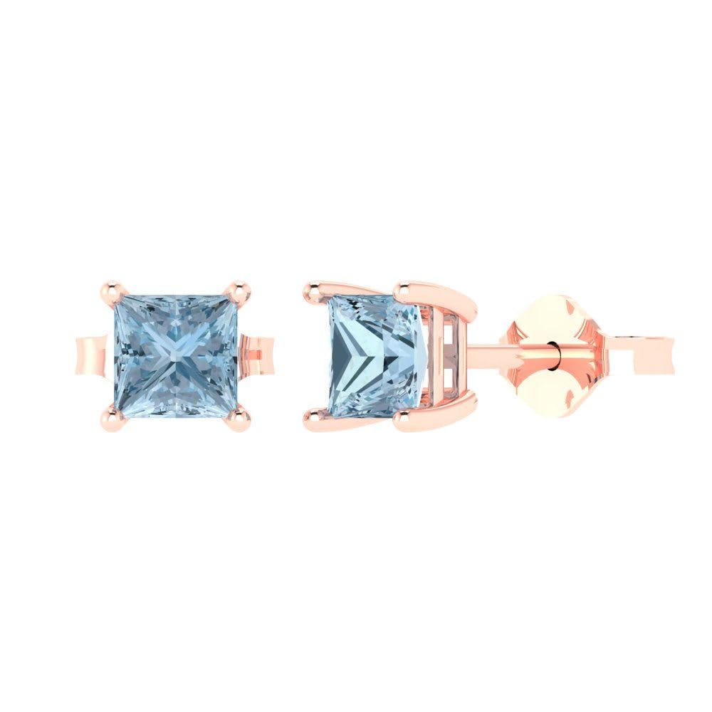 1.50 Carat Princess Cut Natural Sky Blue Topaz Stud Earrings in 14K Rose Gold - Push Back Fine Jewelry for Anniversary, Birthday & Special Occasions