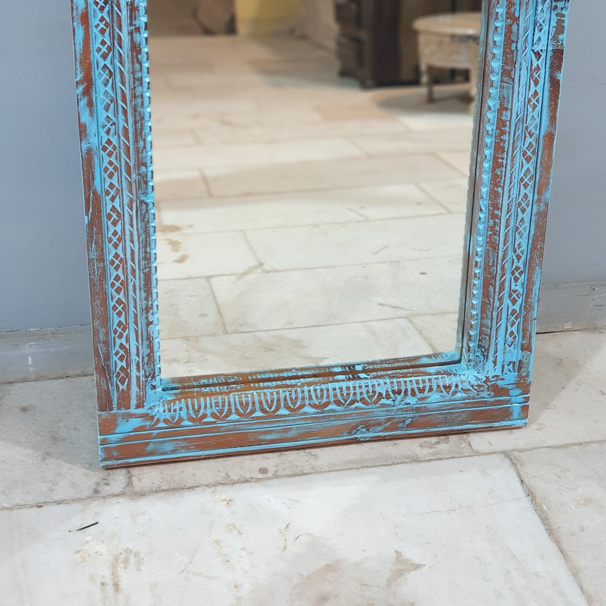 Handmade Indian Wooden Mirror Frame - Rustic Blue Carved Design, 70x150 cm - Perfect for Boho Home Decor, Living Room & Bedroom Wall Art