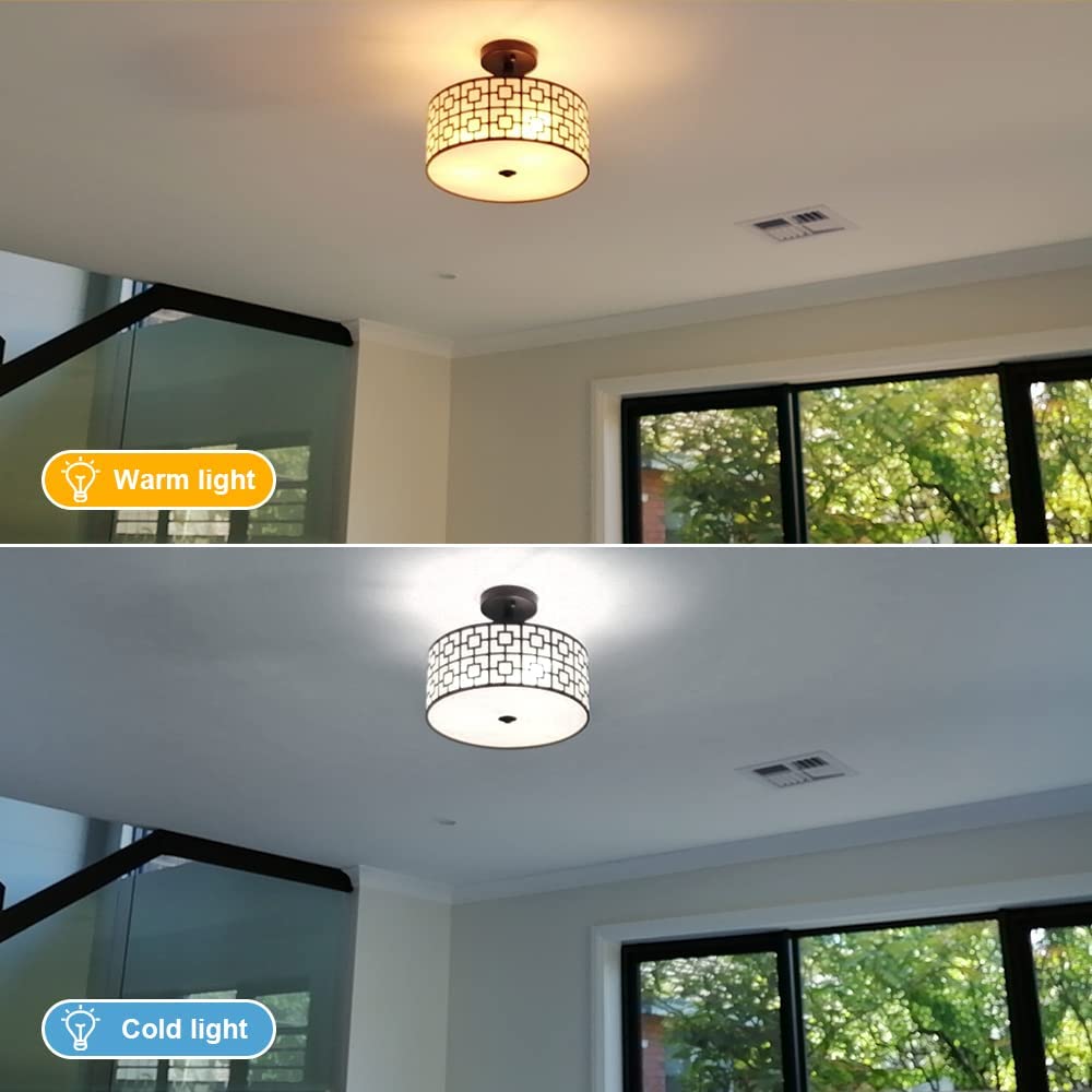 Depuley 12.6 Inch Modern Semi Flush Mount Ceiling Light Fixture - 3-Light Drum Chandelier for Bedroom, Dining Room, Kitchen, Hallway, Entryway, Foyer & Living Room - Black/Silver Finish - Perfect for Ambient Lighting and Home Decor