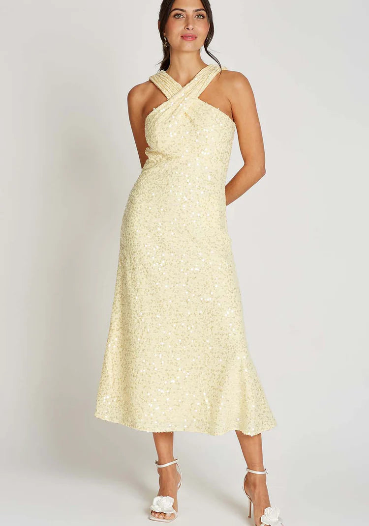 Louise Sequin Waffle Cross Neck Midi Dress - Lemon Yellow Party Dress for Women, Perfect for Cocktail Parties, Weddings & Special Occasions