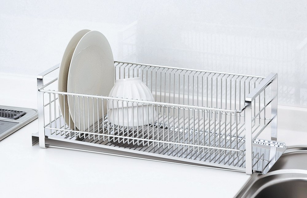 Shimomura Kihan 35729 Tsubame Sanjo Slim Stainless Steel Drainer Rack with Chopsticks Rest - Horizontal Stand for Kitchen Countertop - Made in Japan - Perfect for Drying Dishes, Utensils & Chopsticks After Washing