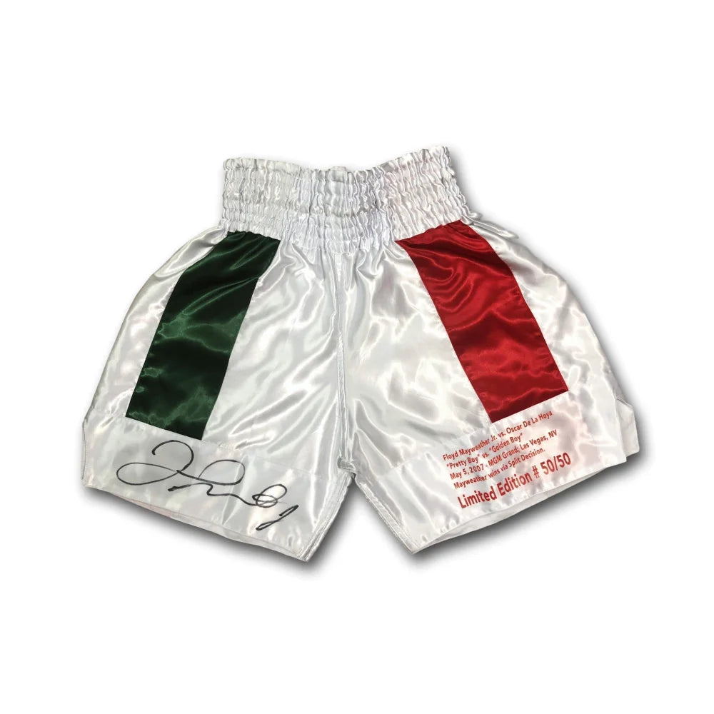 Floyd Mayweather Jr vs. Oscar De La Hoya Signed Boxing Trunks - Limited Edition 50/50 with JSA COA & Fight Stats - Perfect for Boxing Memorabilia Collectors and Sports Fans Display