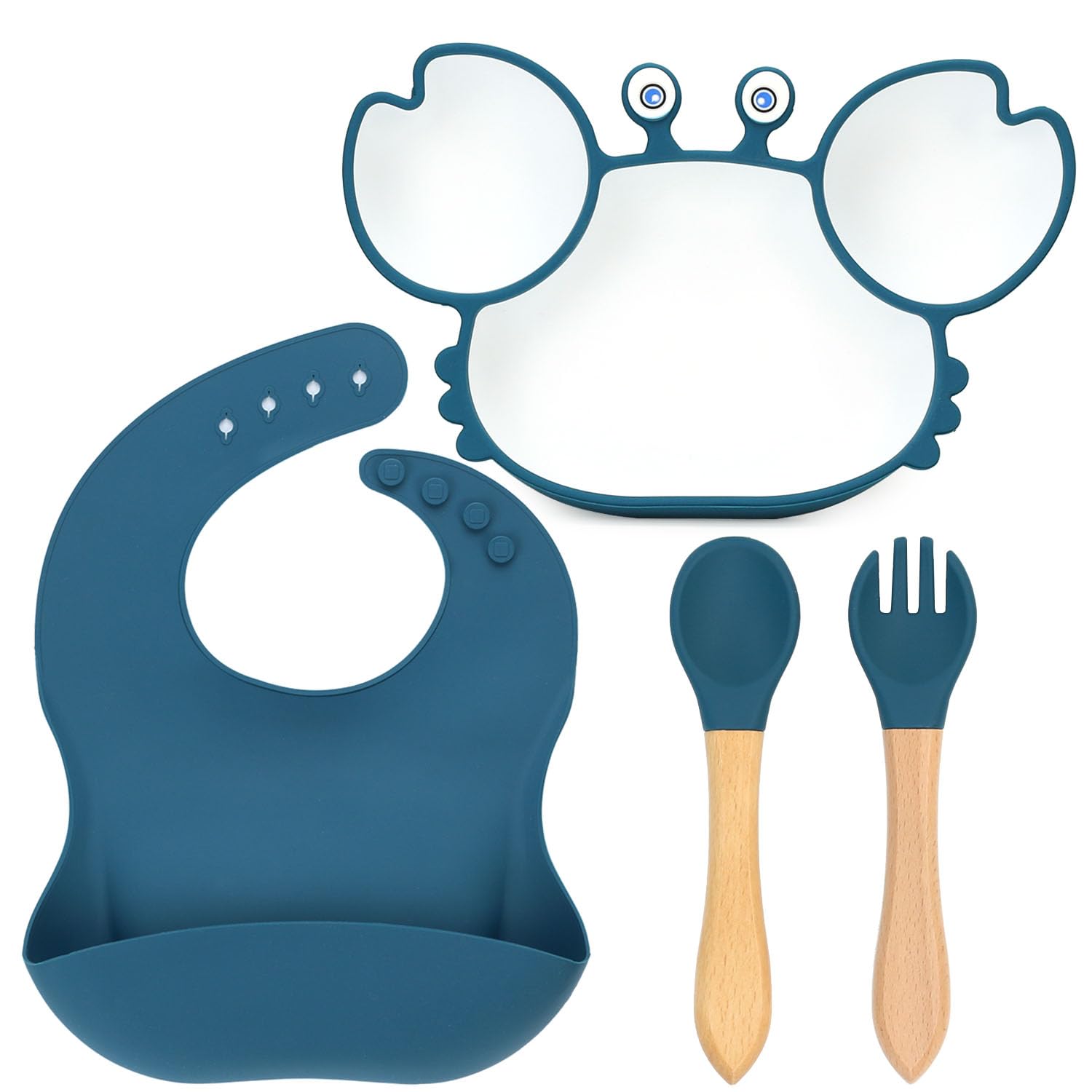 **Baby Led Weaning Starter Set - 4-Piece Essential Feeding Kit for Toddlers (Silicone Suction Plate, Bowl, Spoon & Fork, Waterproof Bib) - Perfect for First Foods, Mess-Free Meals & Self-Feeding Practice**