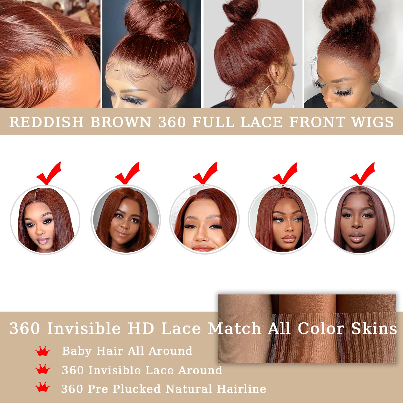 360 Lace Front Wigs Human Hair Straight - Reddish Brown Auburn 20 Inch HD Transparent Full Lace Wig with Baby Hair | Pre-Plucked Natural Hairline | Perfect for Black Women | Great for Daily Wear, Parties & Special Occasions