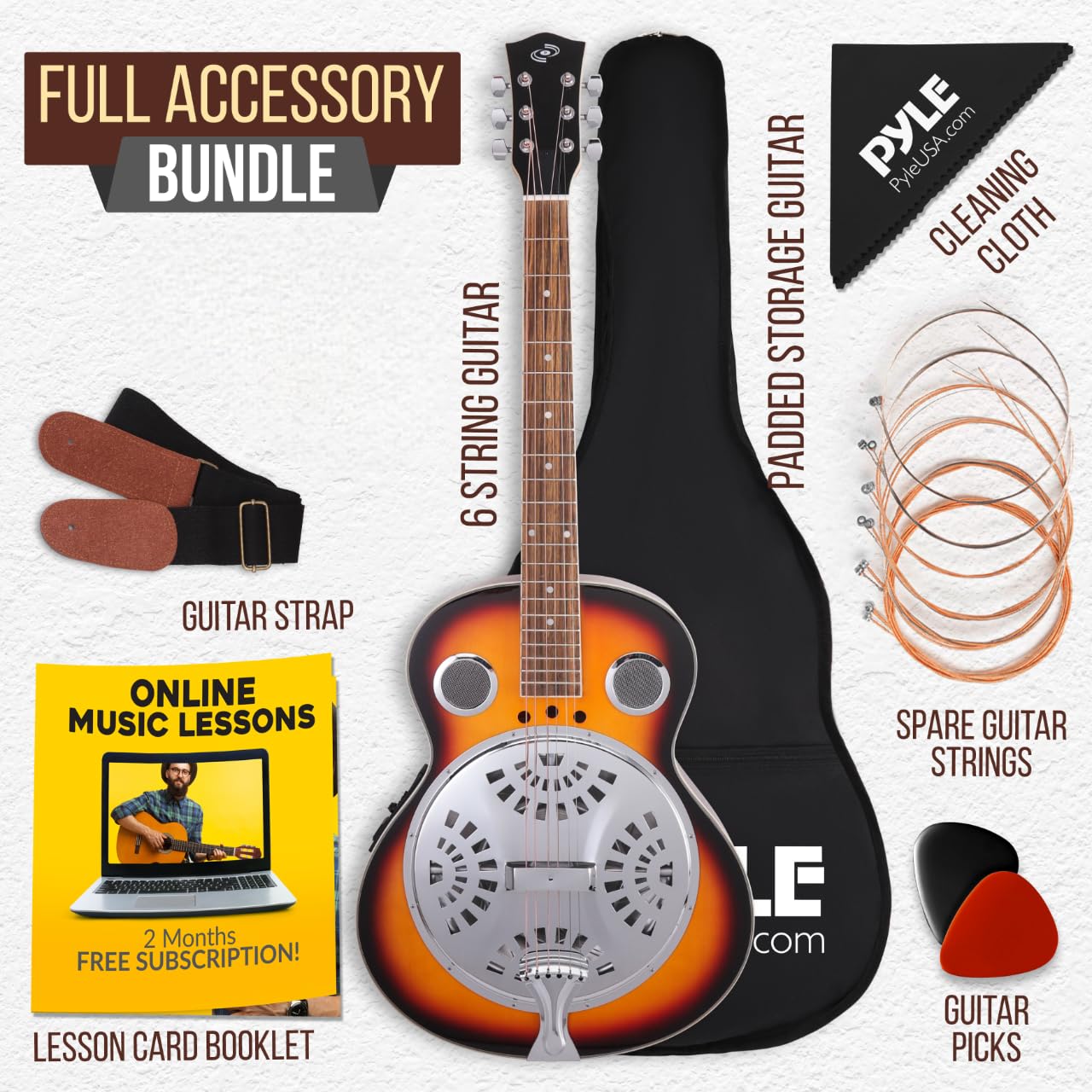Pyle Resophonic Acoustic-Electric Guitar 6-String Sunburst with Built-in Preamp - Includes Hard Case & Accessories Kit for Professional Performances & Home Practice