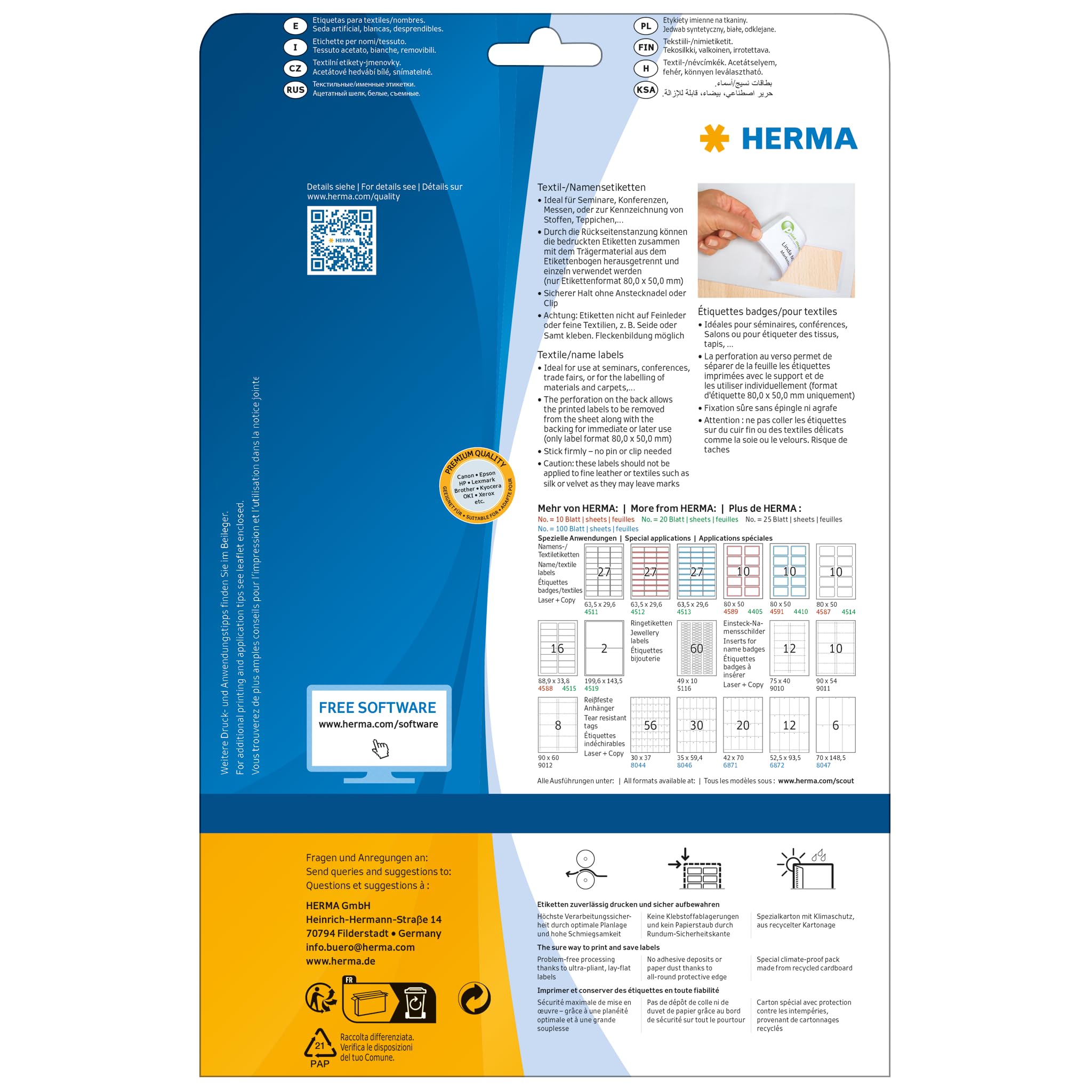 HERMA 4410 Self Adhesive Clothing Labels - 200 Blank Removable Name Stickers (80x50mm, 10 per A4 Sheet, 20 Sheets) for Laser & Inkjet Printers - Perfect for Kids Clothes, School Uniforms & Laundry Organization