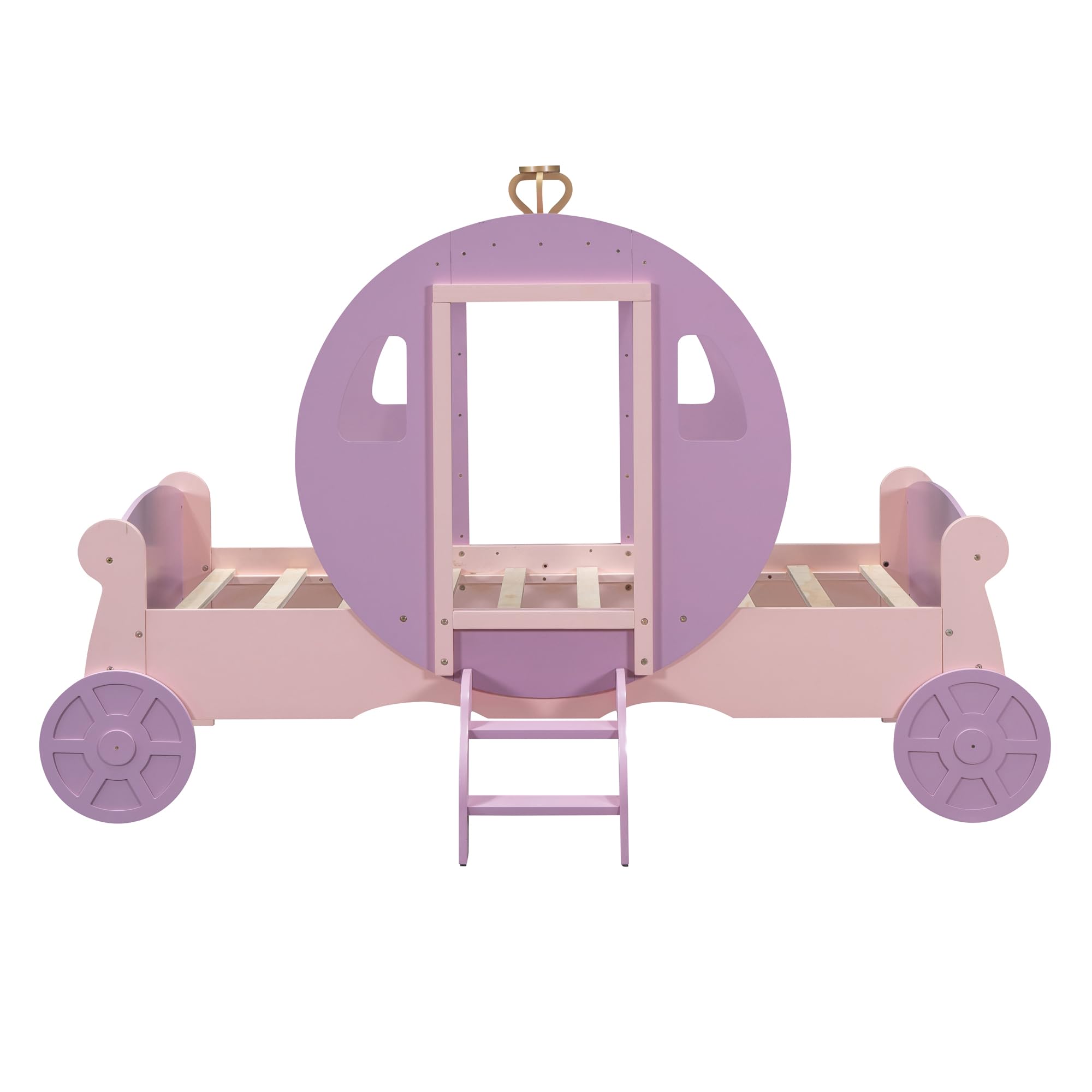 **Royal Princess Carriage Twin Bed for Girls - Wooden Platform Bed Frame with Crown & Stairs - Purple & Pink Kids Bedroom Furniture - Perfect for Princess-Themed Bedrooms & Sleepovers**