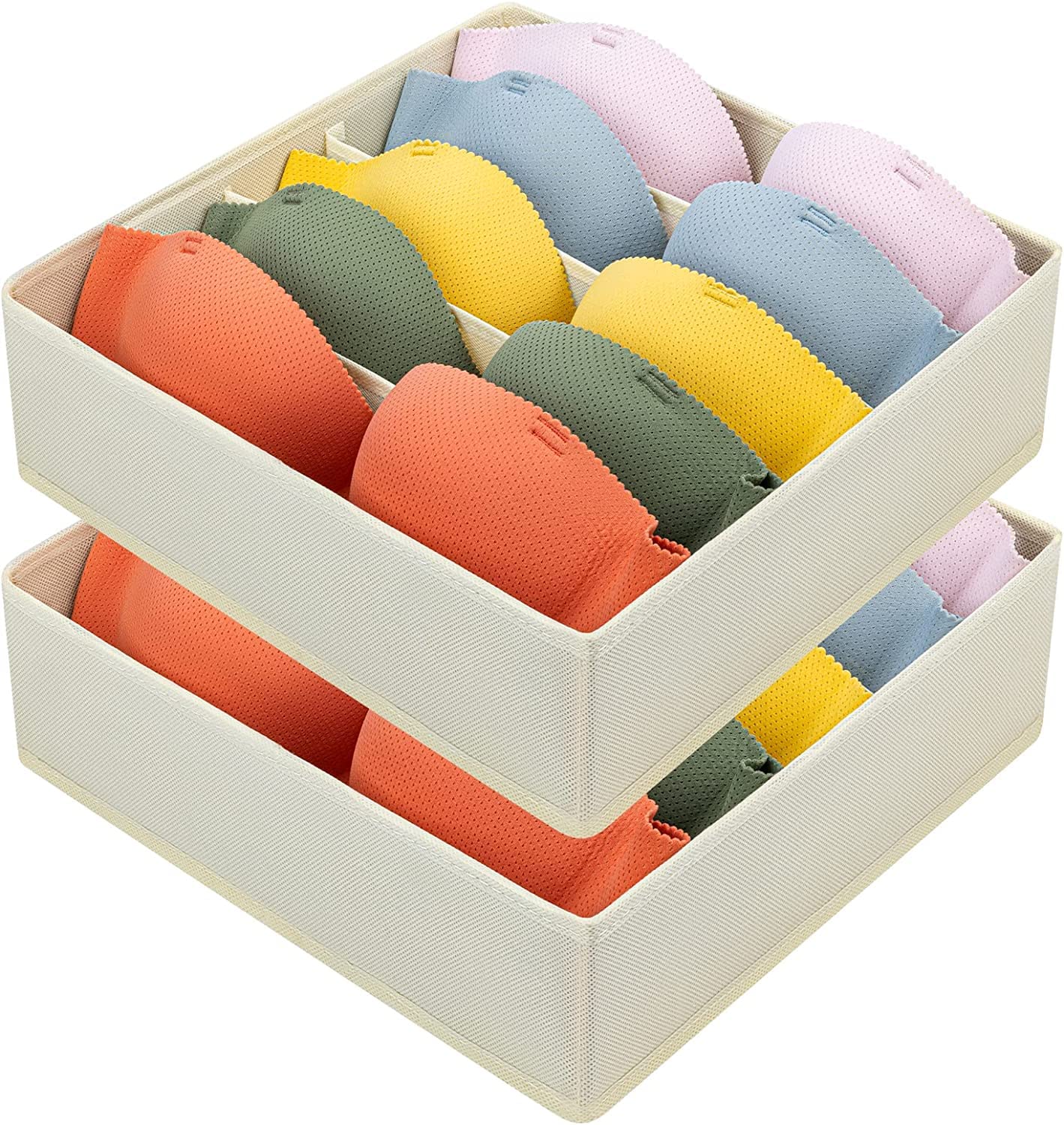 DIMJ 2-Pack Underwear & Bra Organizer Storage Box - Fabric Drawer Divider for Closet, Bras (A-C Cup), Beige | Perfect for Travel, Home & Office Organization