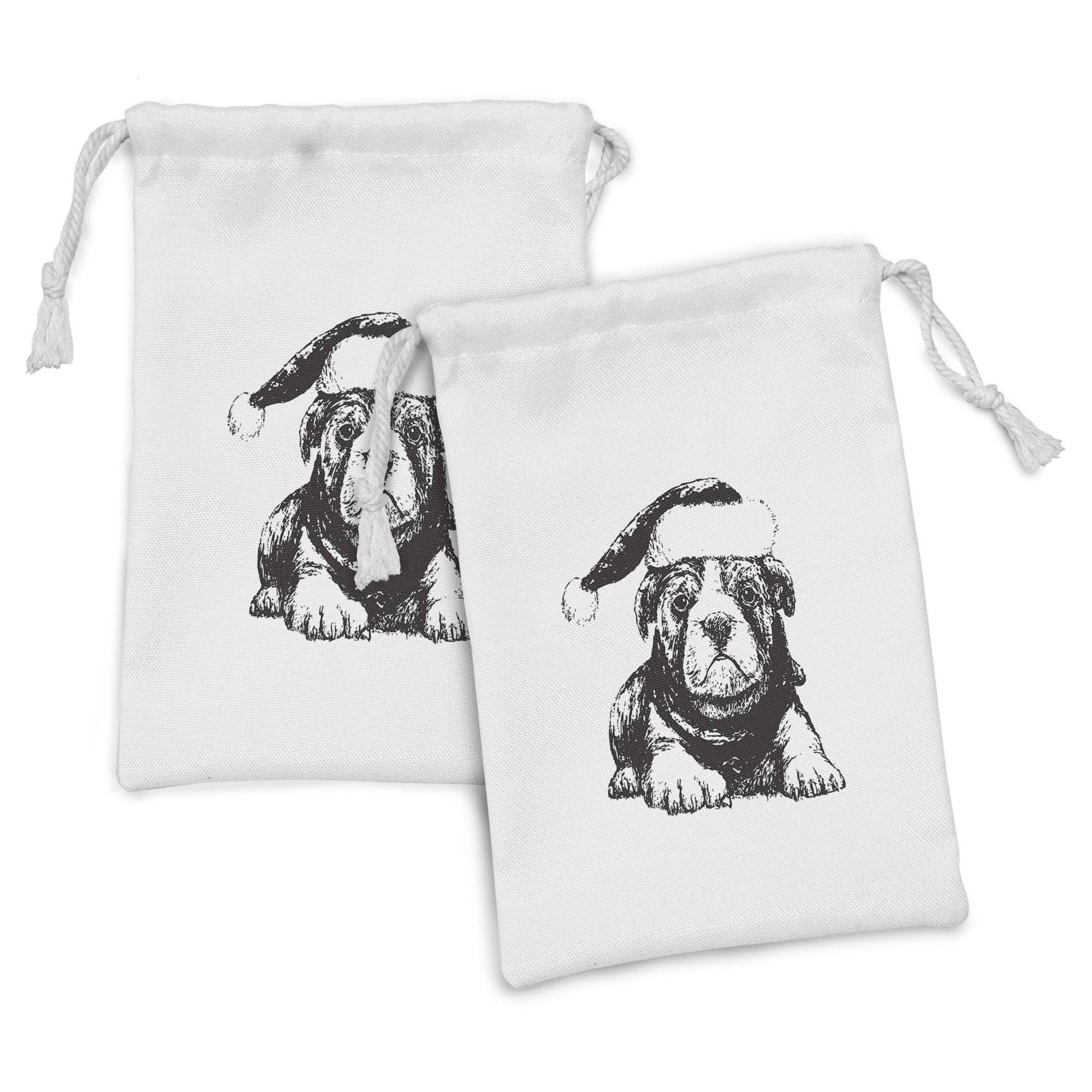 Ambesonne Bulldog Fabric Pouch Set of 2 - Monochrome Dog in Christmas Hat Drawstring Bags (9