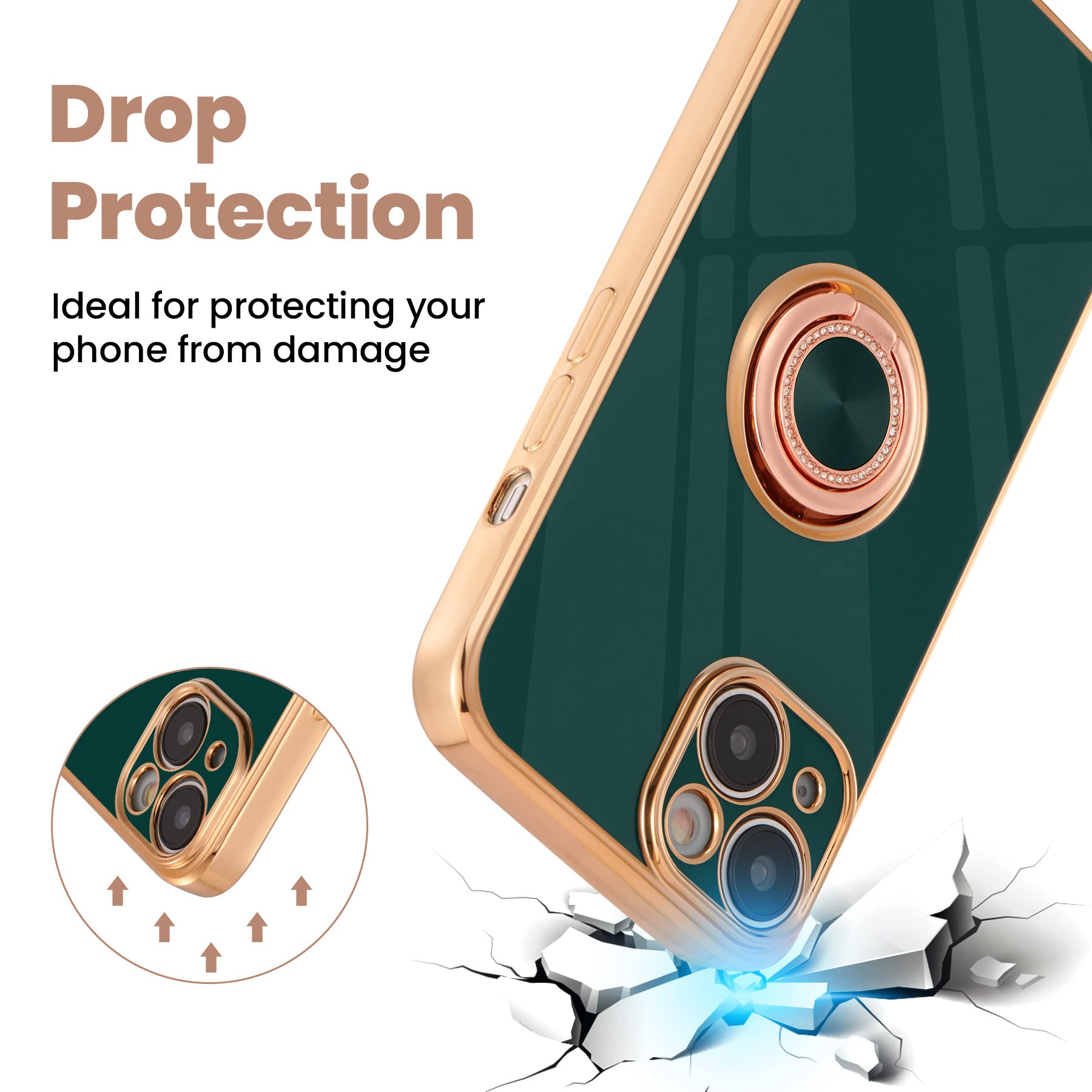Premium TPU iPhone 14 Case with Ring Stand & Gold Trim - Shockproof Protective Cover for iPhone 14 (6.1 Inch) in Green | Perfect for Hands-Free Viewing, Secure Grip & Everyday Protection