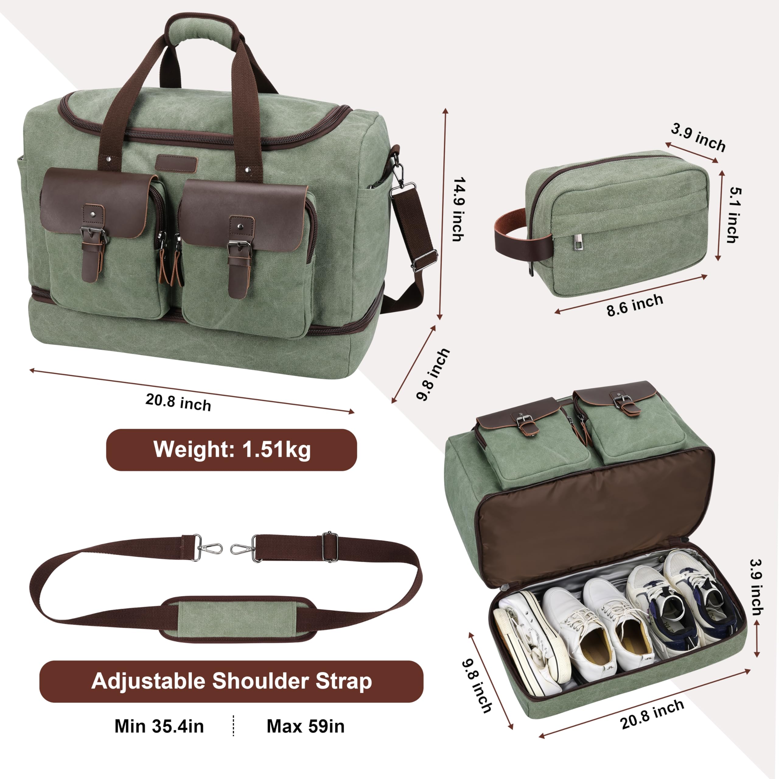 Large Capacity Waterproof Canvas & Genuine Leather Travel Duffle Bag with Shoe Compartment - Vintage Weekender Overnight Carry-On for Gym, Business Trips & Weekend Getaways