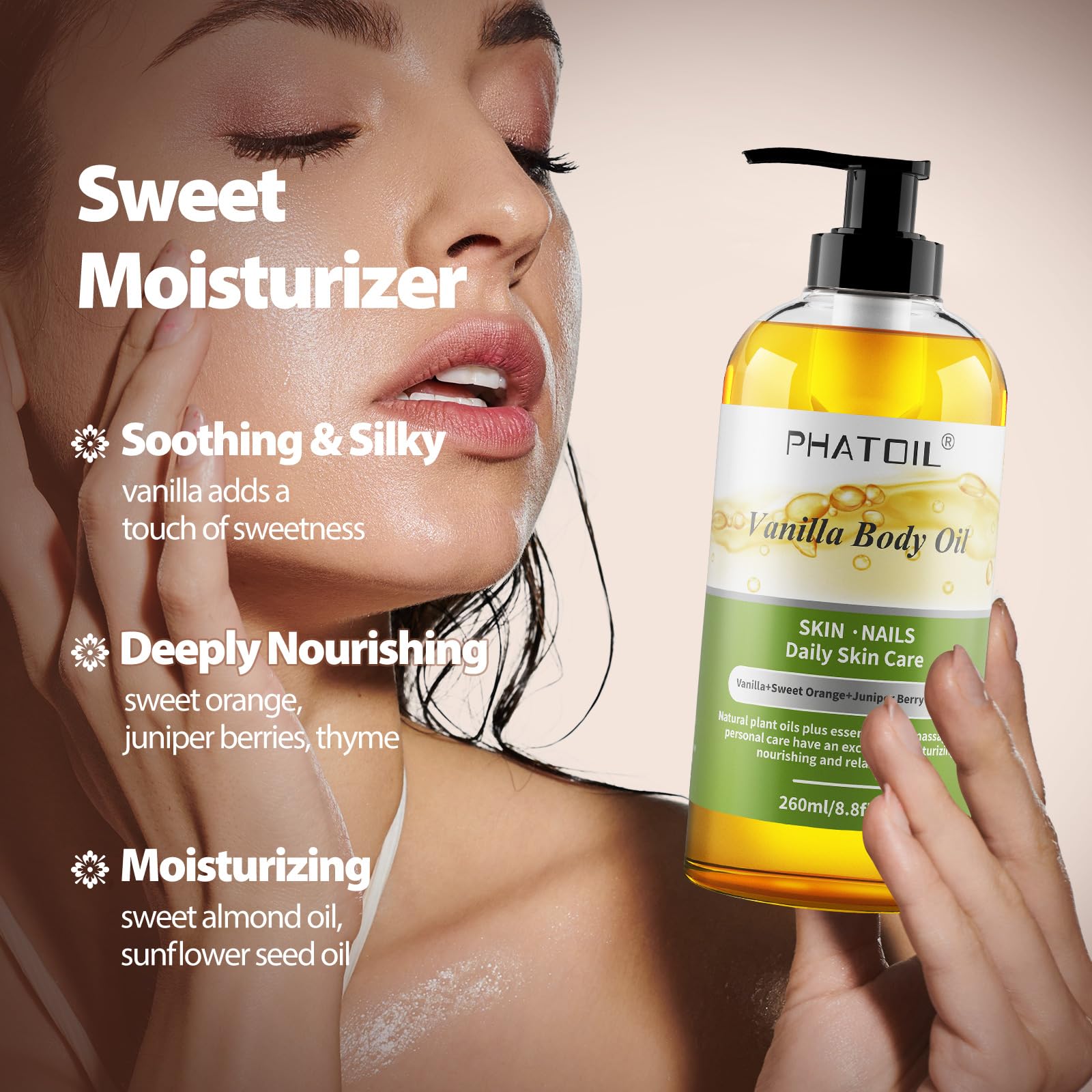**Premium Sandalwood, Ylang Ylang & Vanilla Body Oil – 260ml Large Bottle for Deep Moisturizing & Relaxation – Perfect for Massage, Aromatherapy & Daily Skincare**