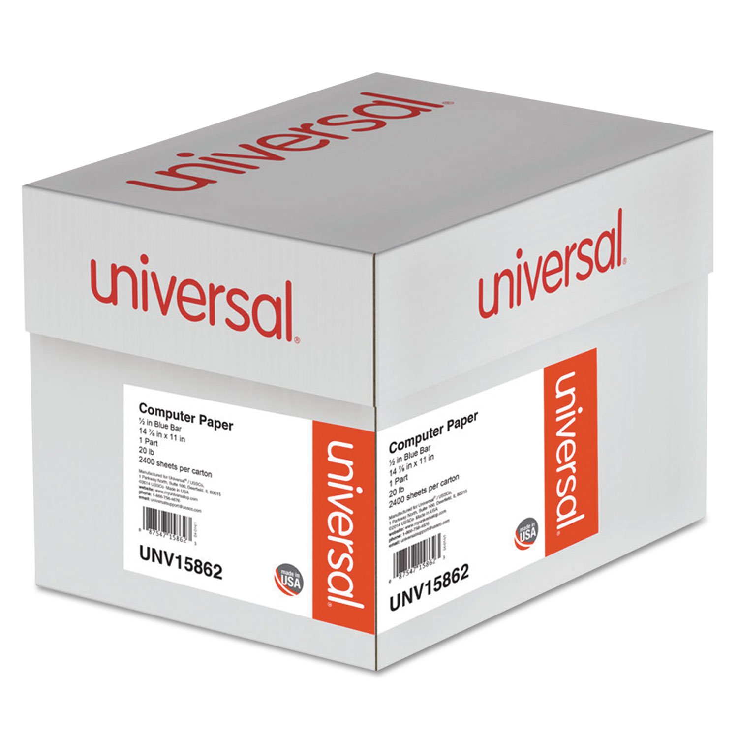 Universal 15862 Blue Bar Computer Paper - 20Lb, 14-7/8 x 11 Inches, Perforated Margins, 2400 Sheets - Ideal for Office, School, and Home Printing Needs