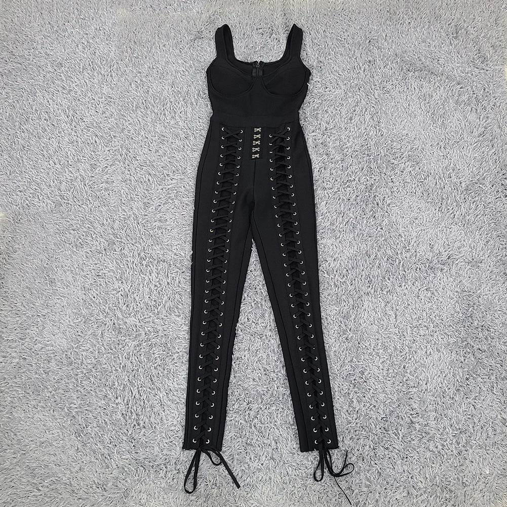 Black & White Sleeveless Rayon Bandage Jumpsuit for Women - Sexy Bodycon Cocktail Party Dress, Clubwear, Night Out Outfit, Summer Fashion