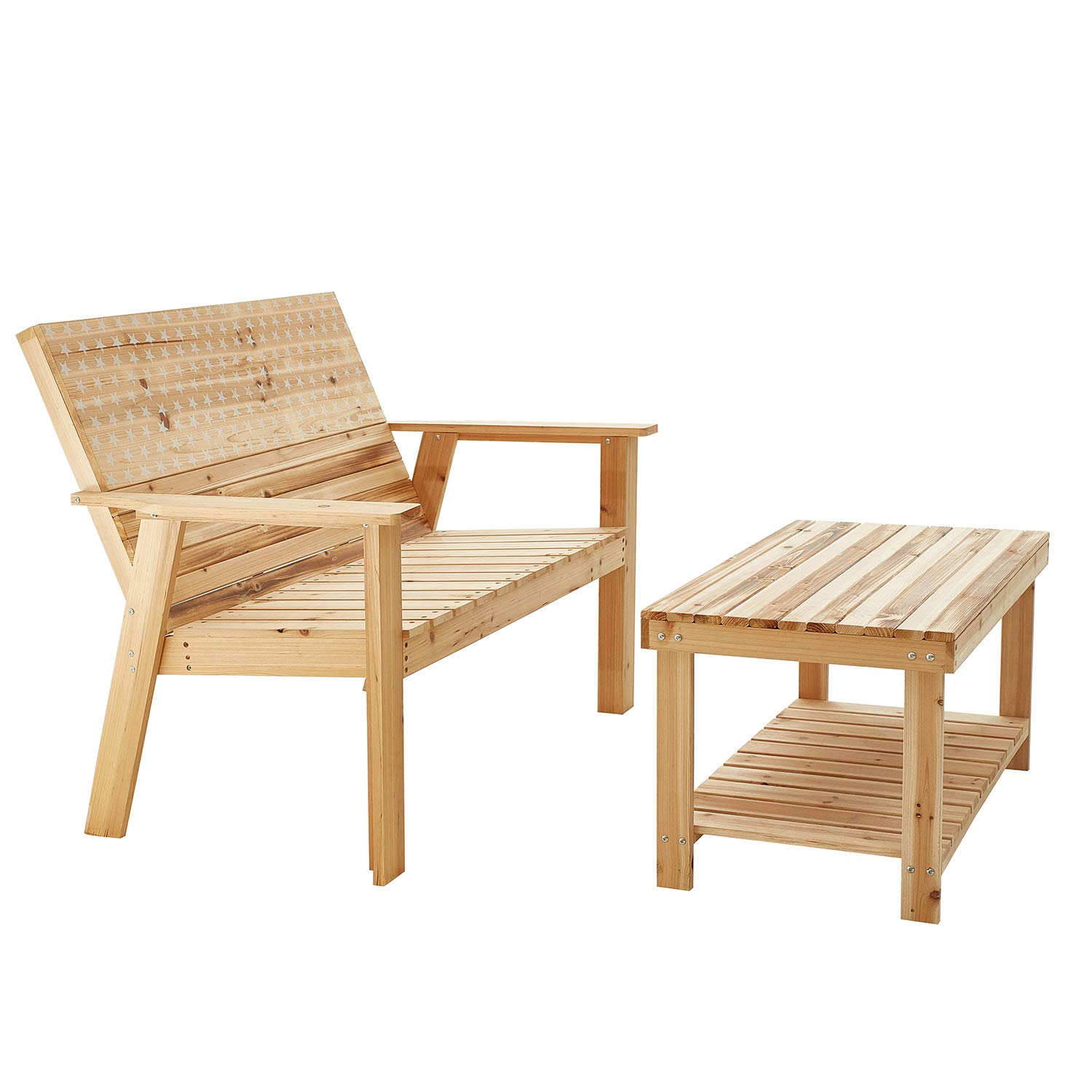 Romayard 2-Piece Patio Conversation Set - Fir Wood Outdoor Loveseat with Coffee Table - Large Natural Wood Garden Furniture for Backyard, Deck, or Poolside Relaxation