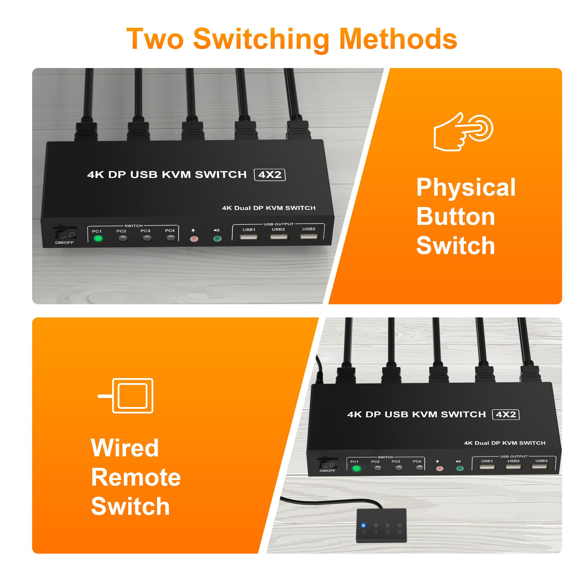 4 Port KVM Switch Dual Monitor DisplayPort 4K 60Hz - Control 4 Computers with 2 Monitors, 3 USB 2.0 Ports & Audio/Mic Support - Ideal for Home Office, Gaming & Multi-PC Workstations