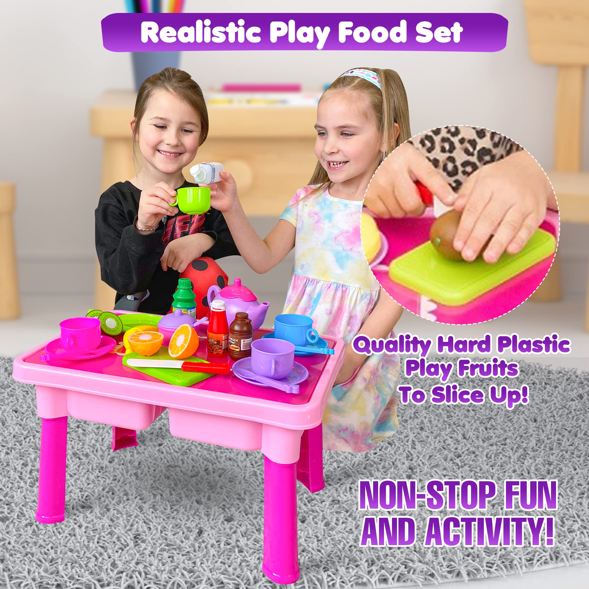 50-PCS Foldable Kids Play Kitchen Set with Toy Dishes, Tea Set & Utensils - Pretend Play Food, Cutting Fruits & Toy Knife for Toddler Girls | Perfect Gift for Birthday & Role-Playing Games at Home or Preschool