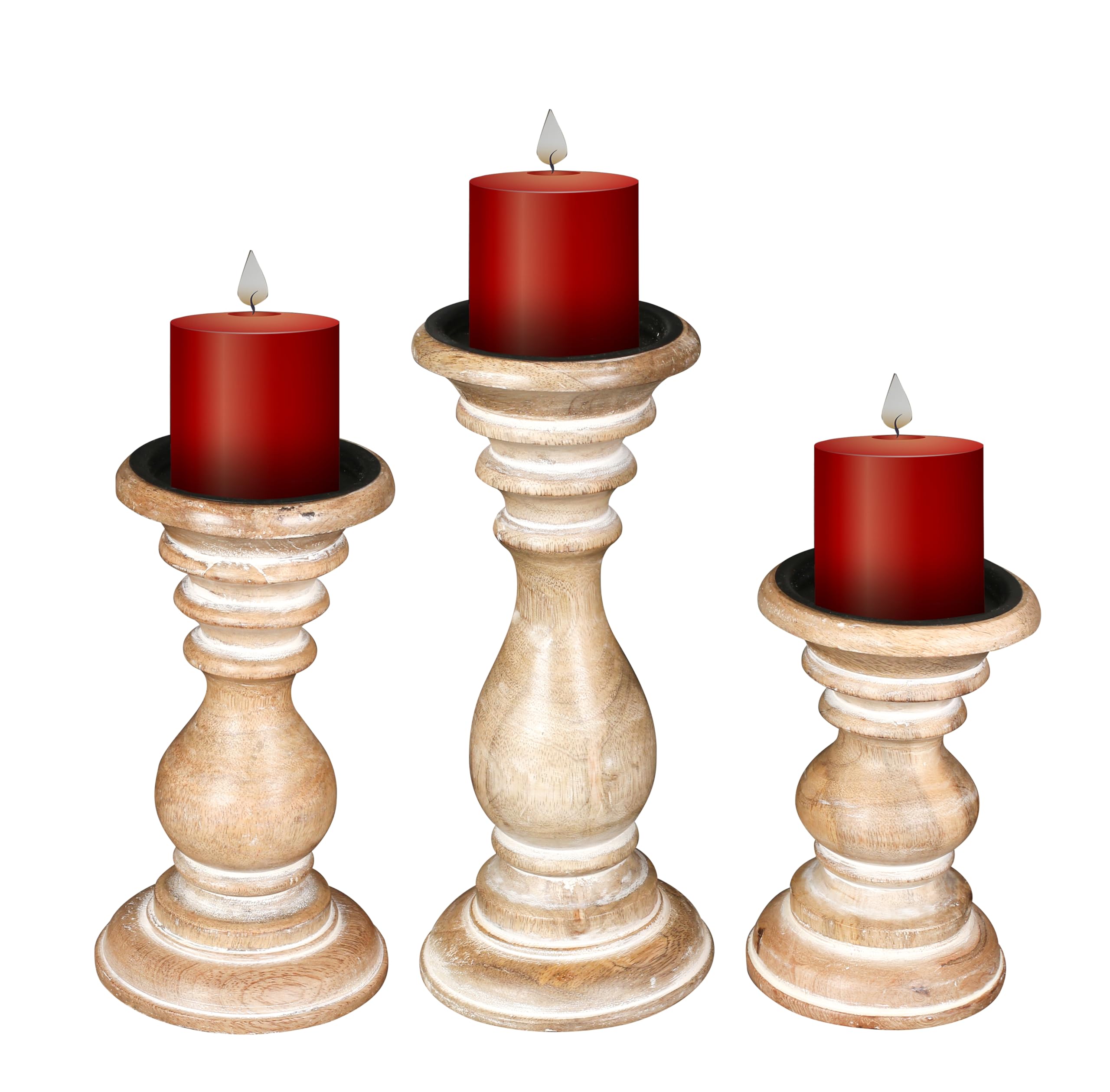 Rustic Whitewashed Wooden Candle Holder Set of 3 - Farmhouse Style Tall Pillar Candle Holders (10