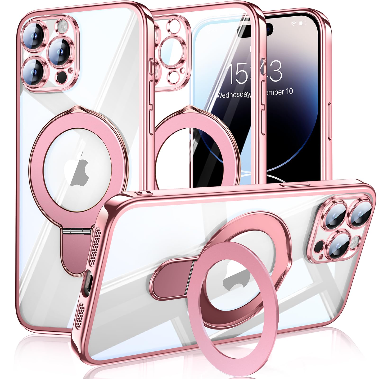 MANLENO Magnetic iPhone 14 Pro Max Case - Magsafe Compatible Clear Phone Cover with Invisible Stand, Kickstand & Camera Protector | 10FT Shockproof Soft Rubber Protective Case (Pink) - Perfect for Work, Travel & Everyday Use