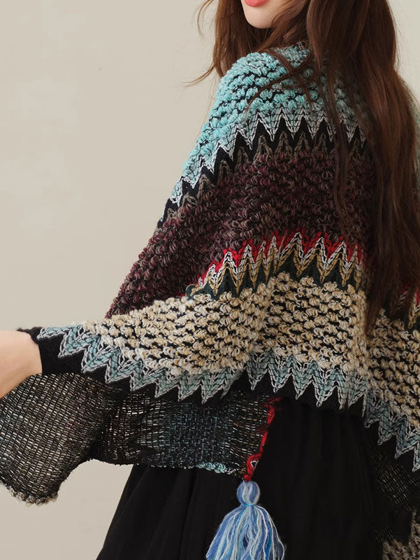 Stylish Color Block Knit Winter Wrap Shawl for Women - Cozy Fashion Scarf for Cold Weather & Holiday Outfits