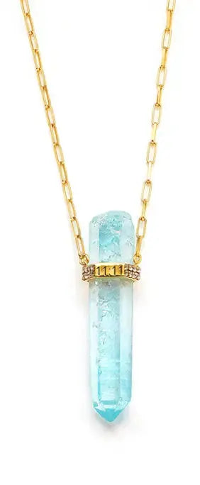 11:11 Aqua Aura Crystal Gold Pendant Necklace - Spiritual Healing Jewelry for Women, Elegant Gift for Birthday & Anniversary - Perfect for Meditation, Yoga & Positive Energy
