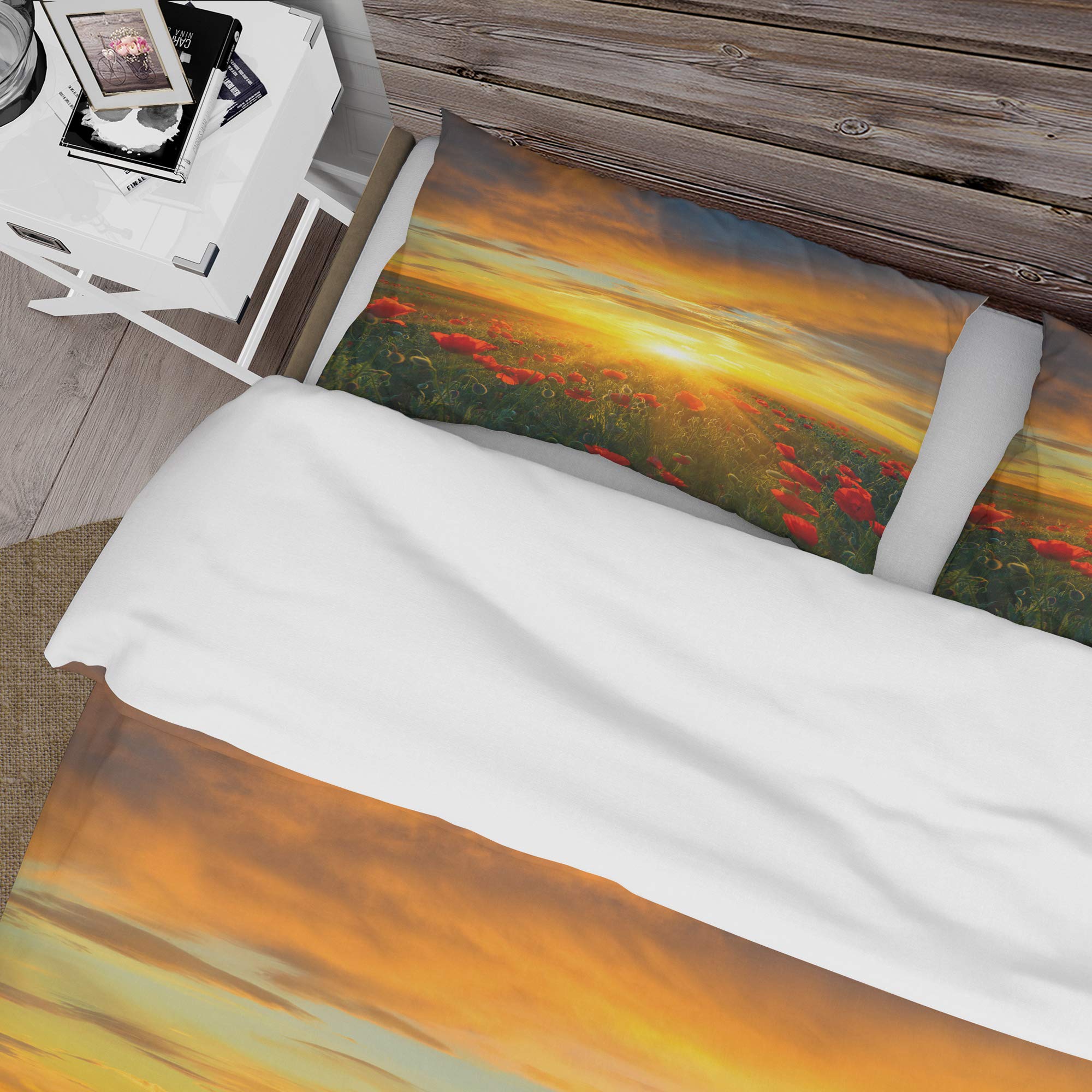 DesignQ Bright New Day Over Poppy Fields Nautical & Coastal Duvet Cover Set - King Size Red Floral Bedding 3-Piece Set | All Season Comfort for Coastal Themed Bedrooms & Guest Rooms