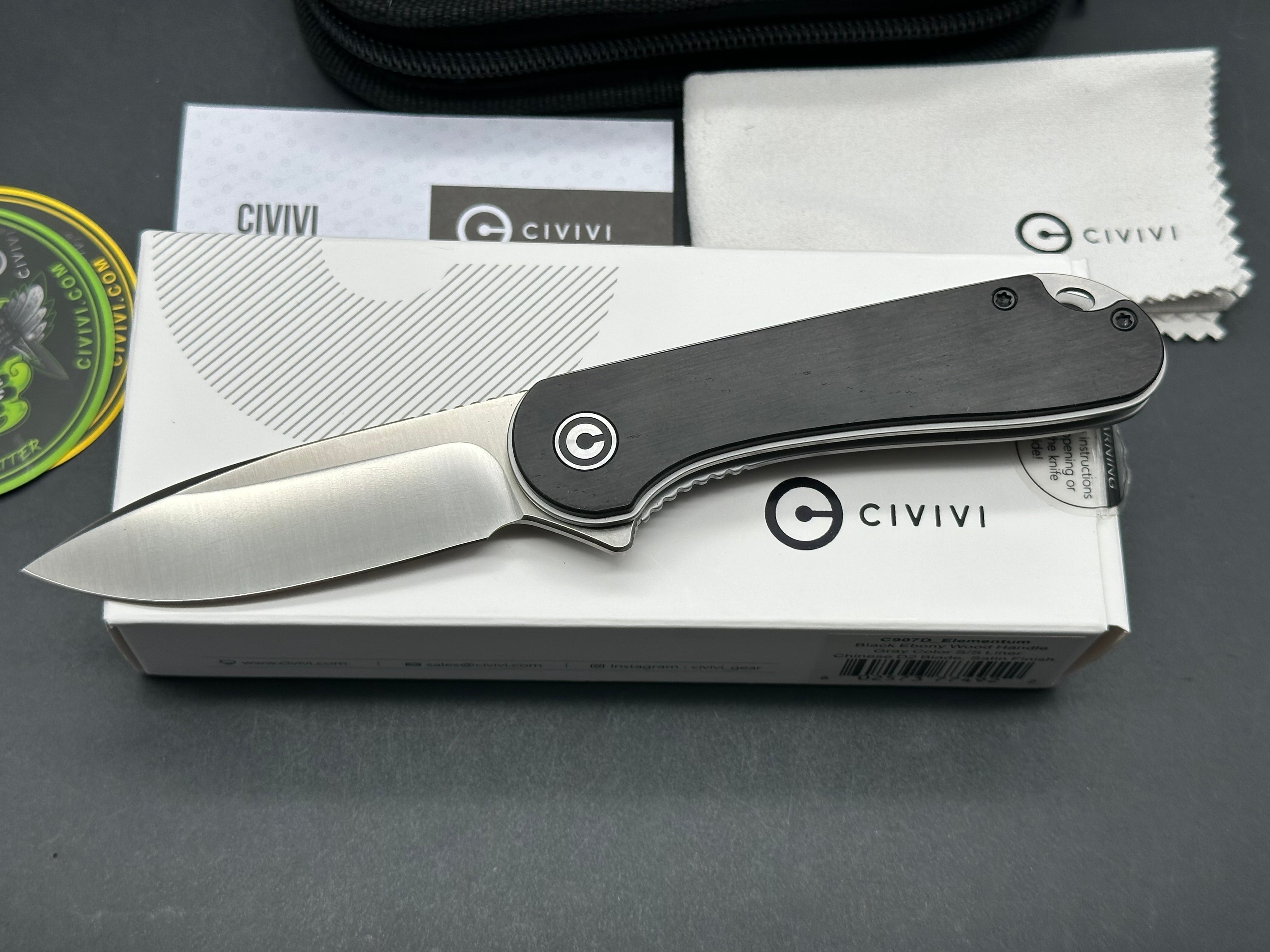 Civivi Elementum Folding Pocket Knife - Black Ebony Wood Handle, D2 Steel Blade - Perfect for EDC, Camping & Outdoor Adventures
