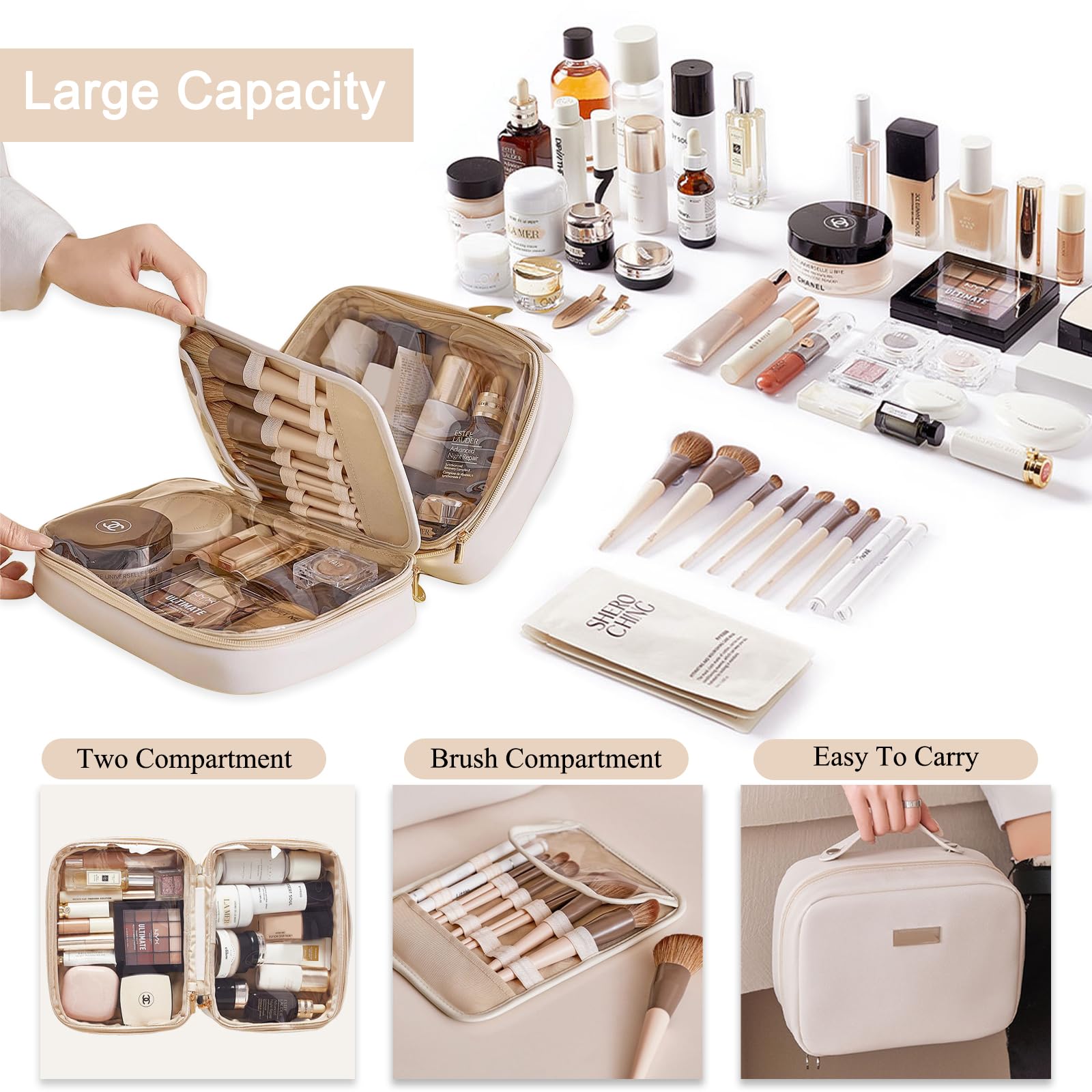 Large Capacity Travel Makeup Bag with Clear Double-Sided Compartments & Brush Holder - Waterproof PU Leather Cosmetic Organizer & Toiletry Bag for Women (Beige) - Perfect for Air Travel, Gym, and Daily Beauty Essentials