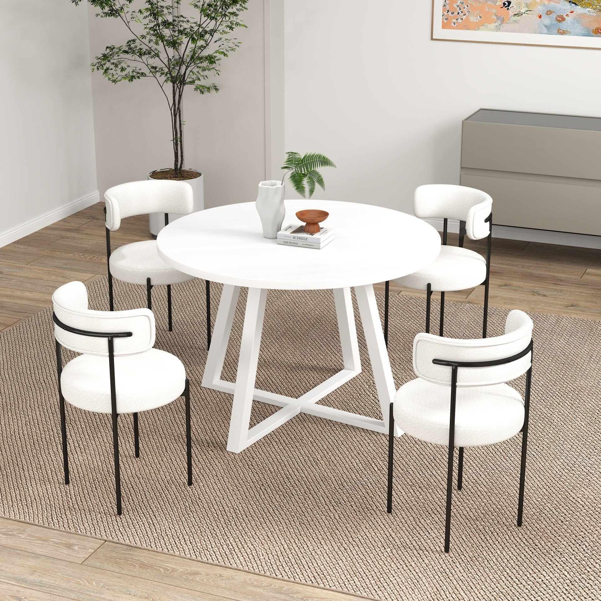 Roundhill Furniture Durban 5-Piece Round Wood Dining Table Set with 4 Boucle Chairs - Perfect for Small Spaces, Breakfast Nooks & Cozy Family Meals