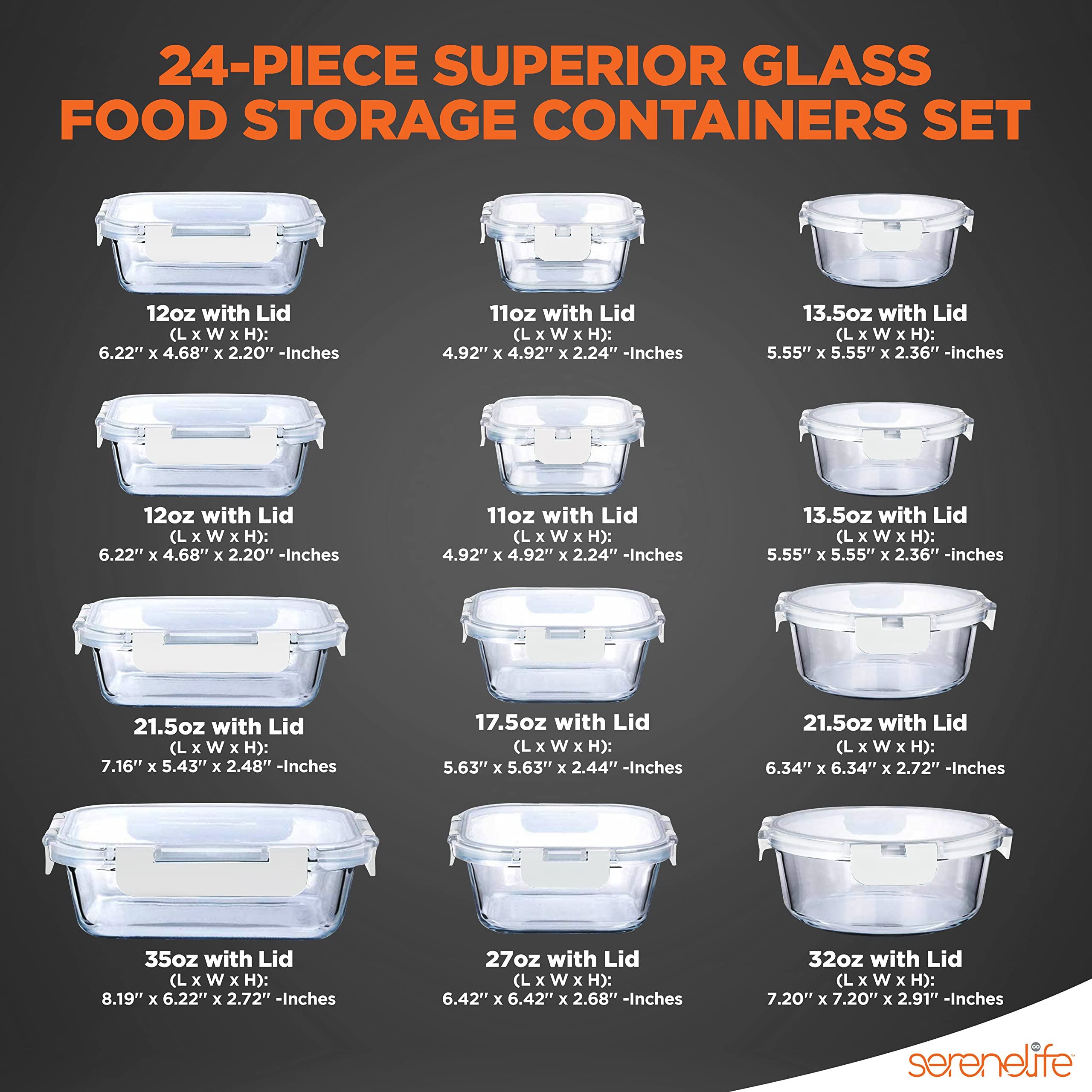 NutriChef 12-Piece Glass Food Storage Containers Set with Airtight Lids - Stackable Meal Prep Containers for Leftovers, Snacks, Fruits & Vegetables - Microwave, Freezer & Dishwasher Safe - Perfect for Meal Prepping, Office Lunches & Pantry Organization (White)