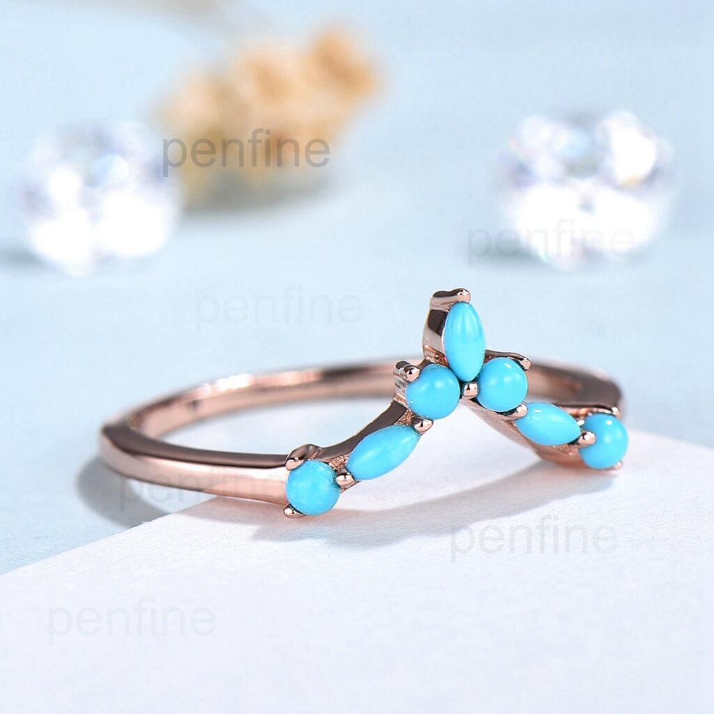 Vintage Turquoise Wedding Band for Women - 14K Gold Curved Stackable Ring, Elegant Bridal Jewelry for Engagement, Anniversary & Everyday Wear