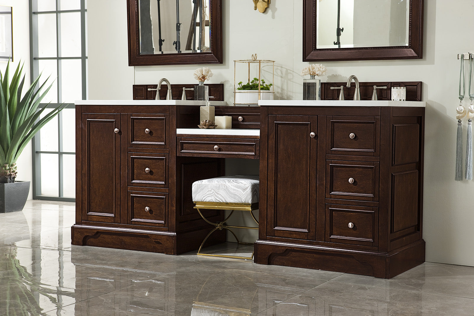 De Soto 82 Inch Double Vanity Set with Makeup Table - Burnished Mahogany Finish & 3CM Arctic Fall Solid Surface Top - Perfect for Master Bathroom Renovation & Luxury Home Decor