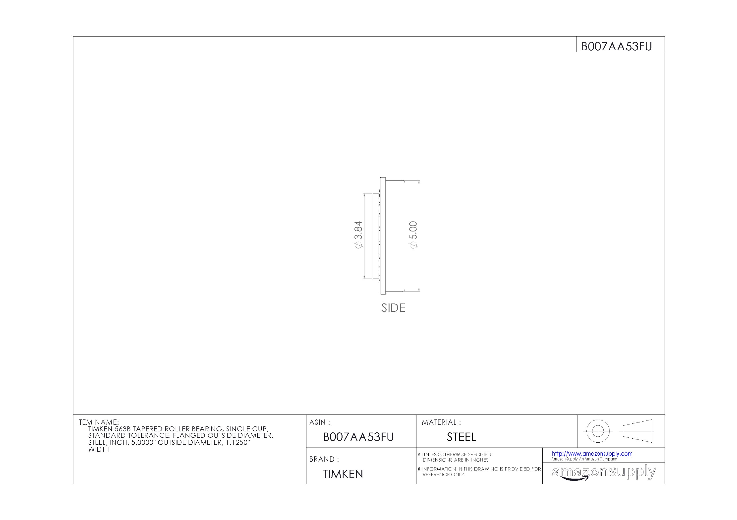 Timken 563B Tapered Roller Bearing - Single Cup, Standard Tolerance, Flanged OD, Steel Construction, 5