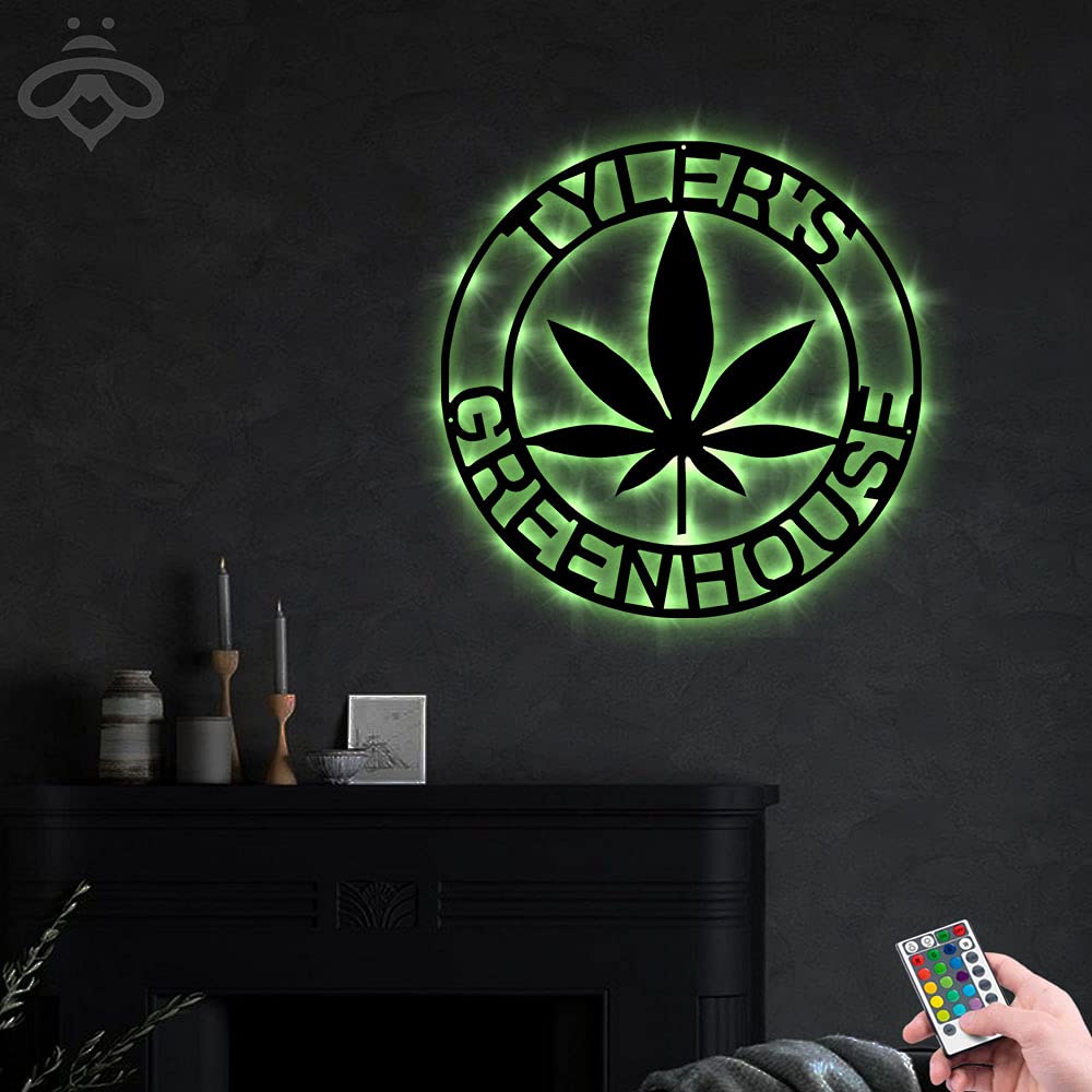 Custom LED Marijuana Weed Metal Wall Art - Personalized Cannabis Lovers Sign for Living Room, Outdoor & Home Decor - 18x18 Inch Black Metal Art with Lights - Perfect Gift for Smokers & Stoner Decor