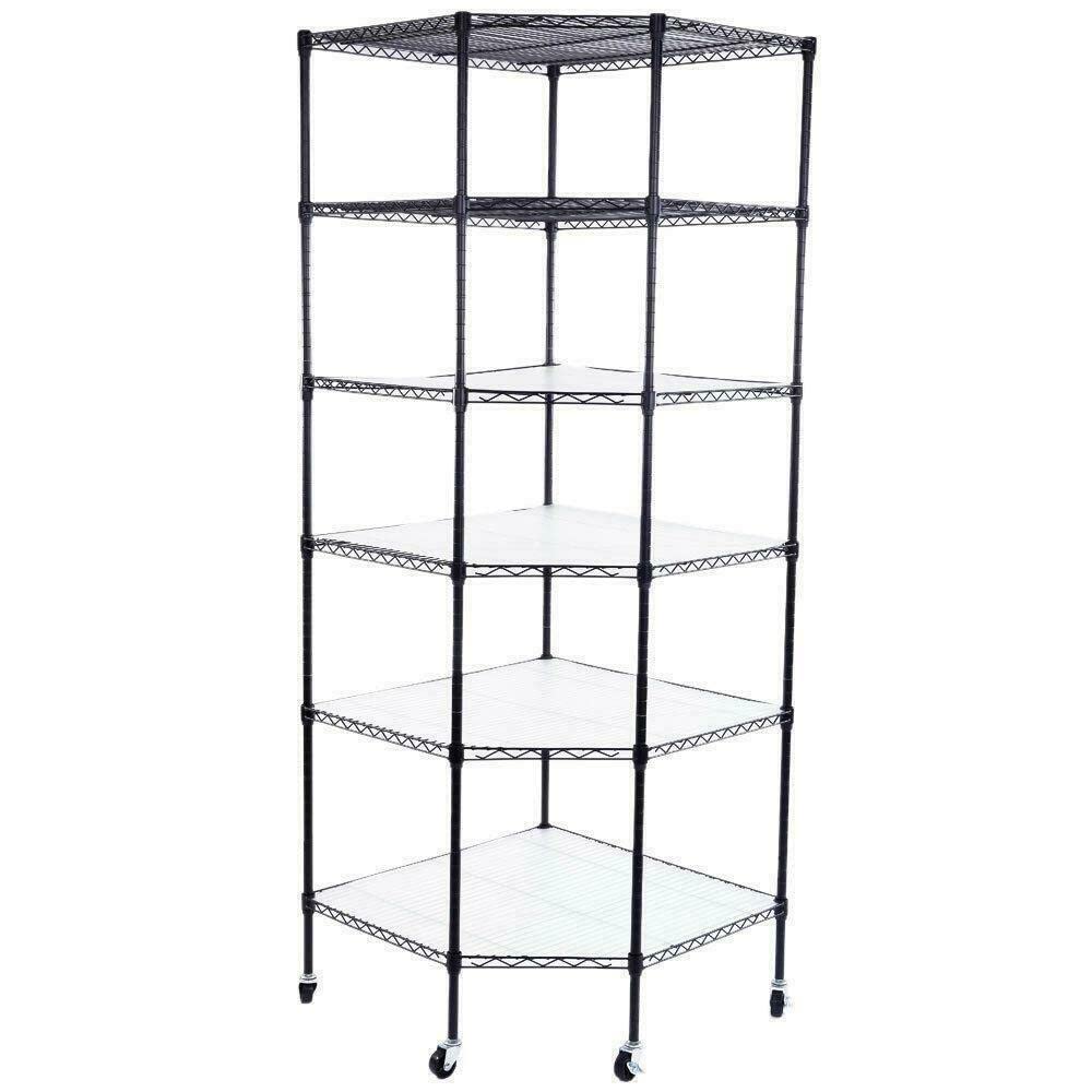 VeahUS 6-Tier Heavy Duty Steel Corner Shelf Unit - Garage Storage, Bookcase, Office & Home Organization - Wall Mounted Shelves for Bedroom, Bathroom, Living Room Decor and Storage Solutions