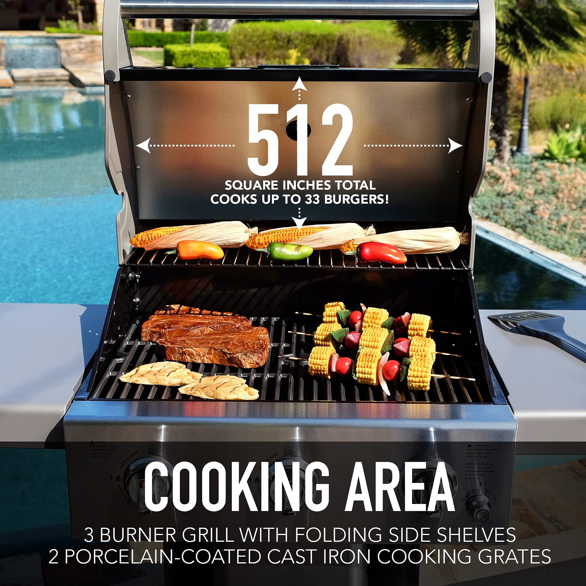 Permasteel 3-Burner Propane Gas Grill - 30,000 BTU Outdoor BBQ Grill with Cast Iron Grates, Foldable Side Shelves & Tool Hooks - Perfect for Backyard, Patio, and Camping Cooking - Black