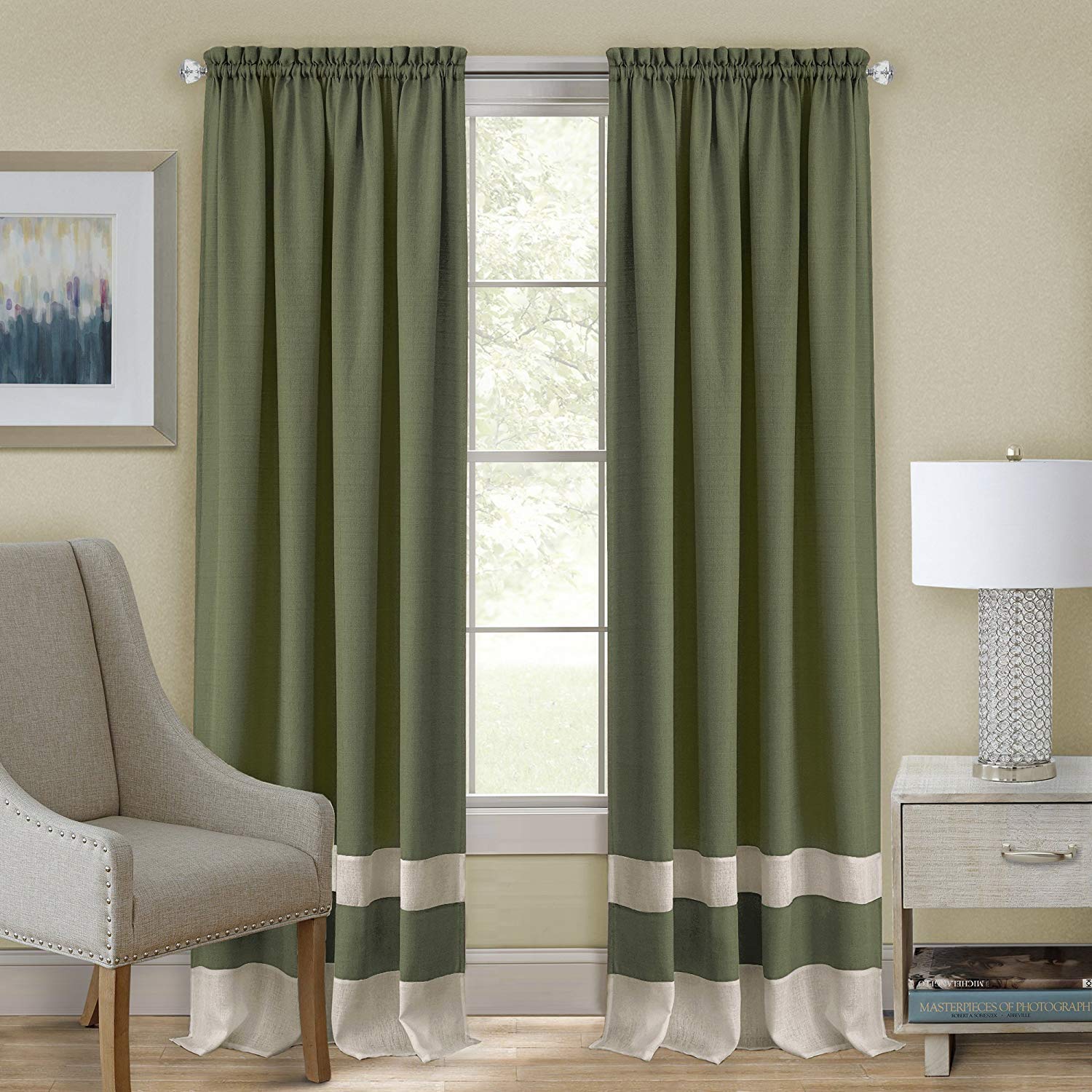 PowerSellerUSA Two-Tone Woven Window Curtain Panels - Room Darkening Rod Pocket Drapes for Bedroom & Living Room - Double Layer Blackout Curtains - Green 50