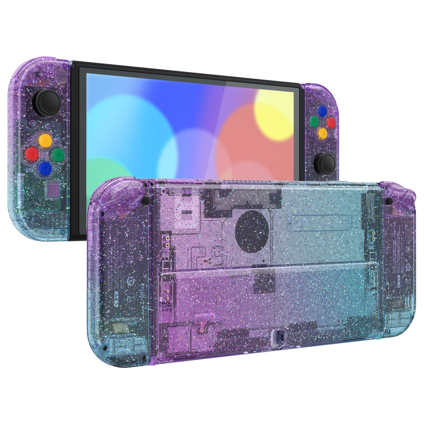 eXtremeRate Custom Replacement Full Set Shell with Buttons for Nintendo Switch OLED - Glitter Gradient Translucent Bluebell & Blue | Gaming Accessories for Enhanced Console Protection & Style