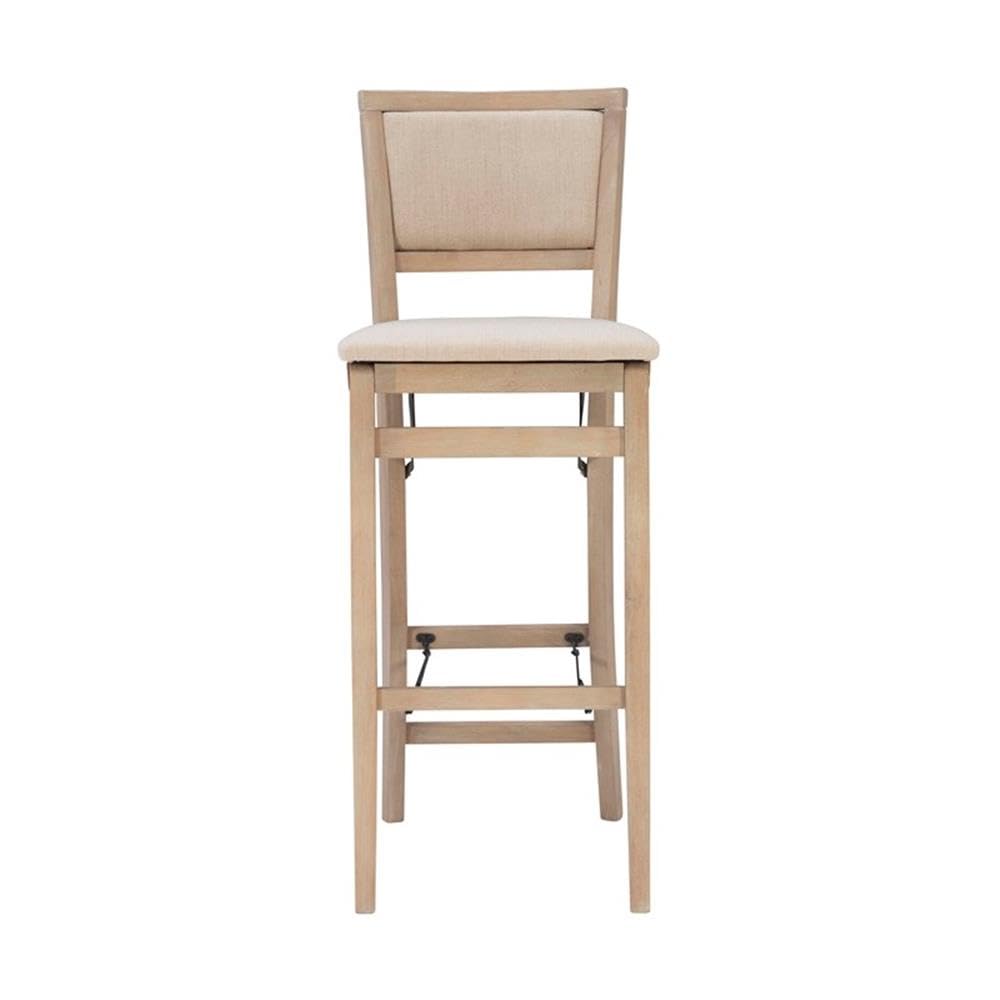 Linon Keira Graywash Wood Folding Bar Stool with Padded Fabric Seat & Back - Perfect for Kitchen Islands, Home Bars & Small Spaces