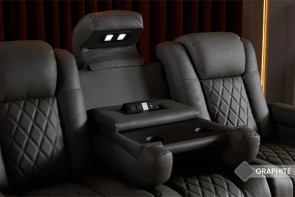 Valencia Tuscany Luxury 3-Seater Console Leather Home Theater Seating with Drop-Down Center Table - Graphite | Perfect for Movie Nights & Entertainment Rooms