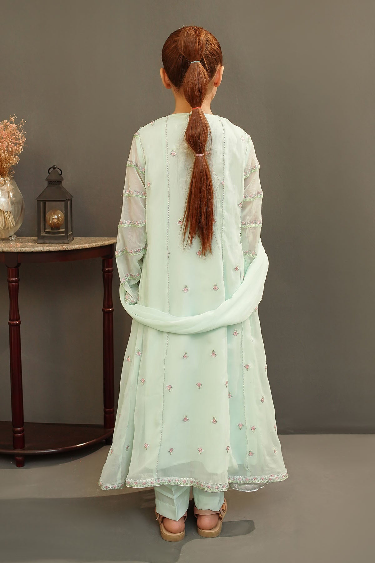 Elegant Chiffon Embroidered Mint Green Stitched Suit in Ochre - Perfect for Weddings, Parties & Special Occasions