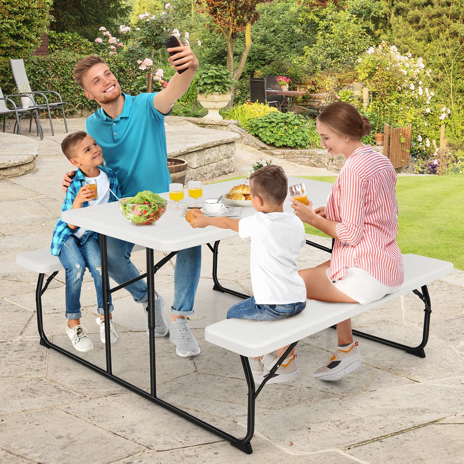 GYMAX 550 LBS Capacity Folding Picnic Table with Benches - Weather-Resistant Portable Outdoor Picnic Table for Patio, Deck, BBQ, Camping & Backyard Gatherings - Easy Setup Wood-Like Design (White)
