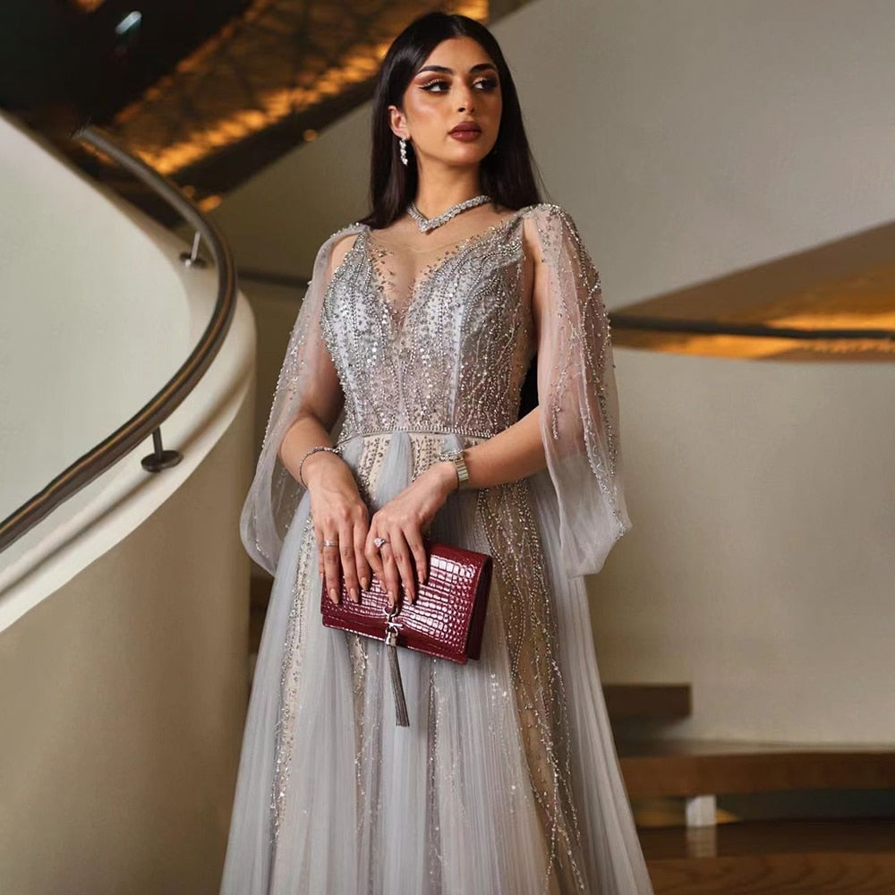 Elegant Grey A-Line Evening Dress with Diamond Beading for Women - Luxury Party Gown for Formal Events, Prom, Wedding Guest & Special Occasions