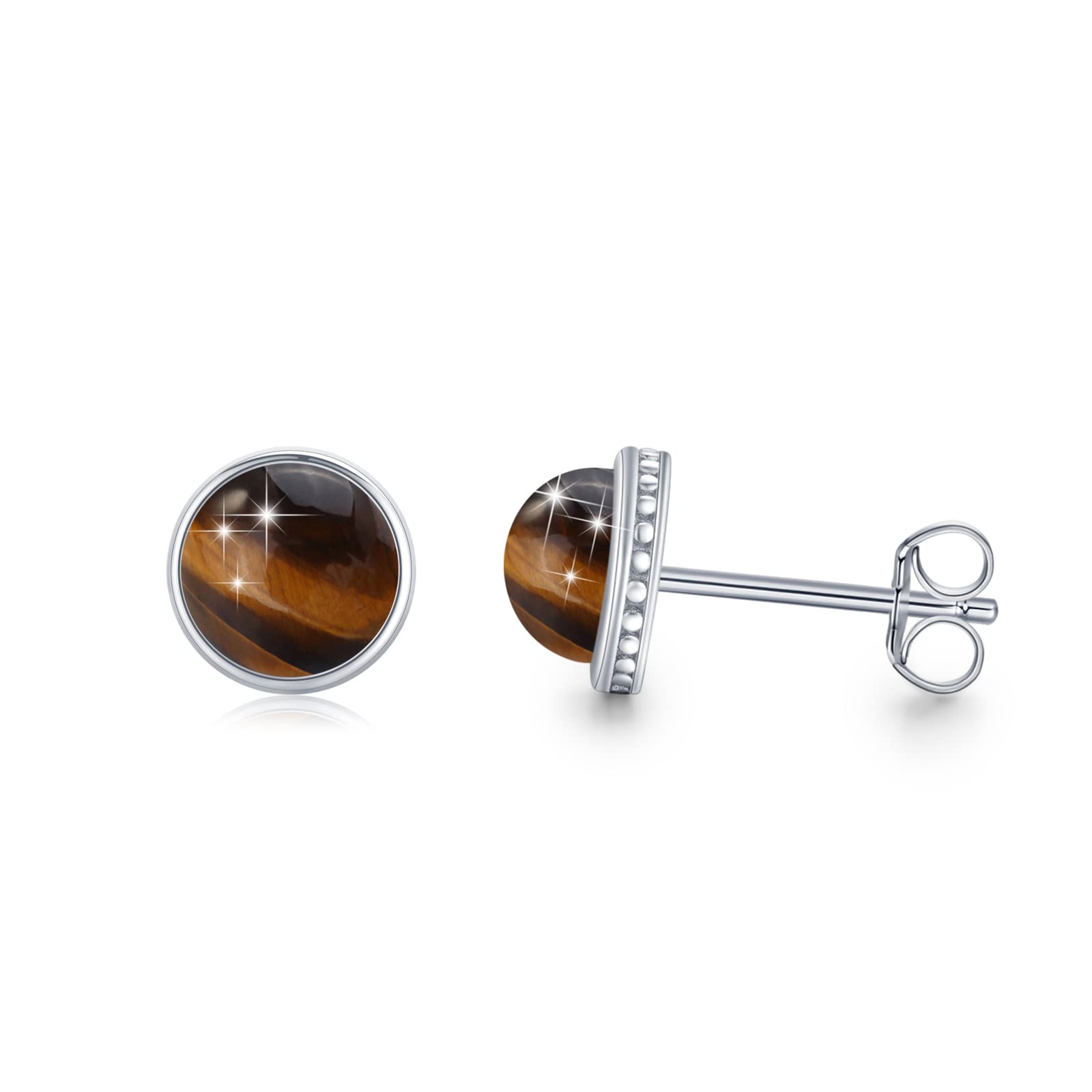 6mm Round Stud Earrings for Women - 925 Sterling Silver White Opal & Tiger Eye Stud Earrings | Hypoallergenic Minimalist Synthetic Studs | Perfect for Everyday Wear, Gifts & Special Occasions